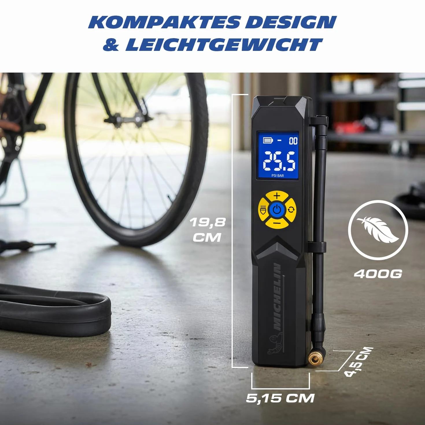 MICHELIN Air Power Mini 1 Li-Ionen Akku Mini-Kompressor kabellos – Elektrische Luftpumpe 9,9 bar mit Digitaldisplay, Auto-Stopp & LED für Auto, Fahrrad, E-Bike & Motorrad | Elektrische Luftpumpe 9,9 bar mit Digitaldisplay, Auto-Stopp & LED für Auto, Fahrr