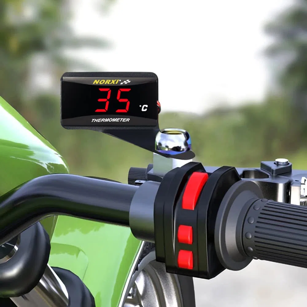Digitales Motorrad-Thermometer, Universal Motorrad Wassertemperaturmesser mit Sensoren, wasserdichtes Motorrad Thermometer mit Hochtemperaturalarm (18mm, Grün)