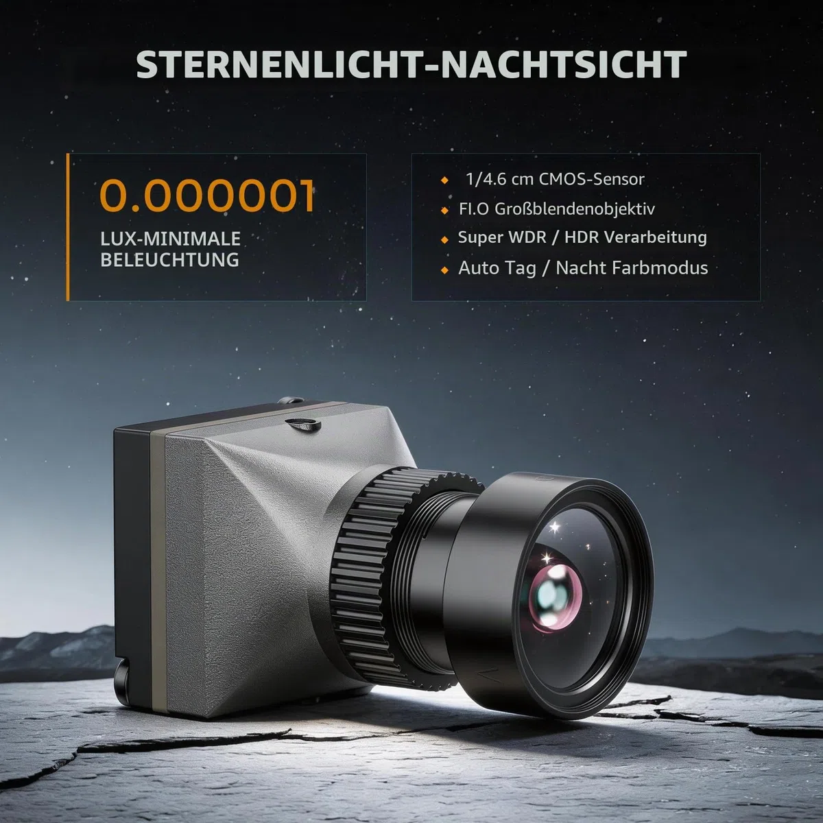 FPV-001_M FPV Camera 1800TVL, 0.000001LUX Starlight Night Vision, Ultra-Low Latency ≤30ms, 5V-40V Wide Voltage, Super WDR, 125° FOV, PAL/NTSC, 1/1.8" CMOS, Micro FPV Racing Drone Camera