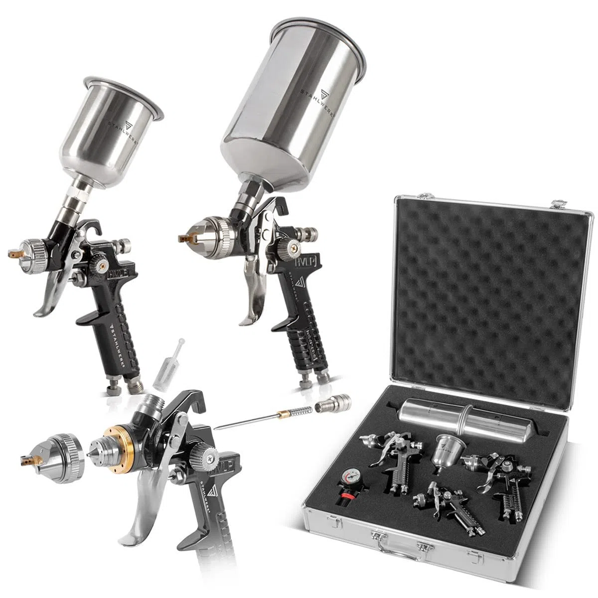 STAHLWERK HVLP Lackierpistolen Set SGS-1125 ST 21 Teile mit 3 Druckluft Lackierpistolen, 0,8/1,4/1,7 mm Düsensatz, Lackierpistolen-Halter (3 Lackierpistolen Set)