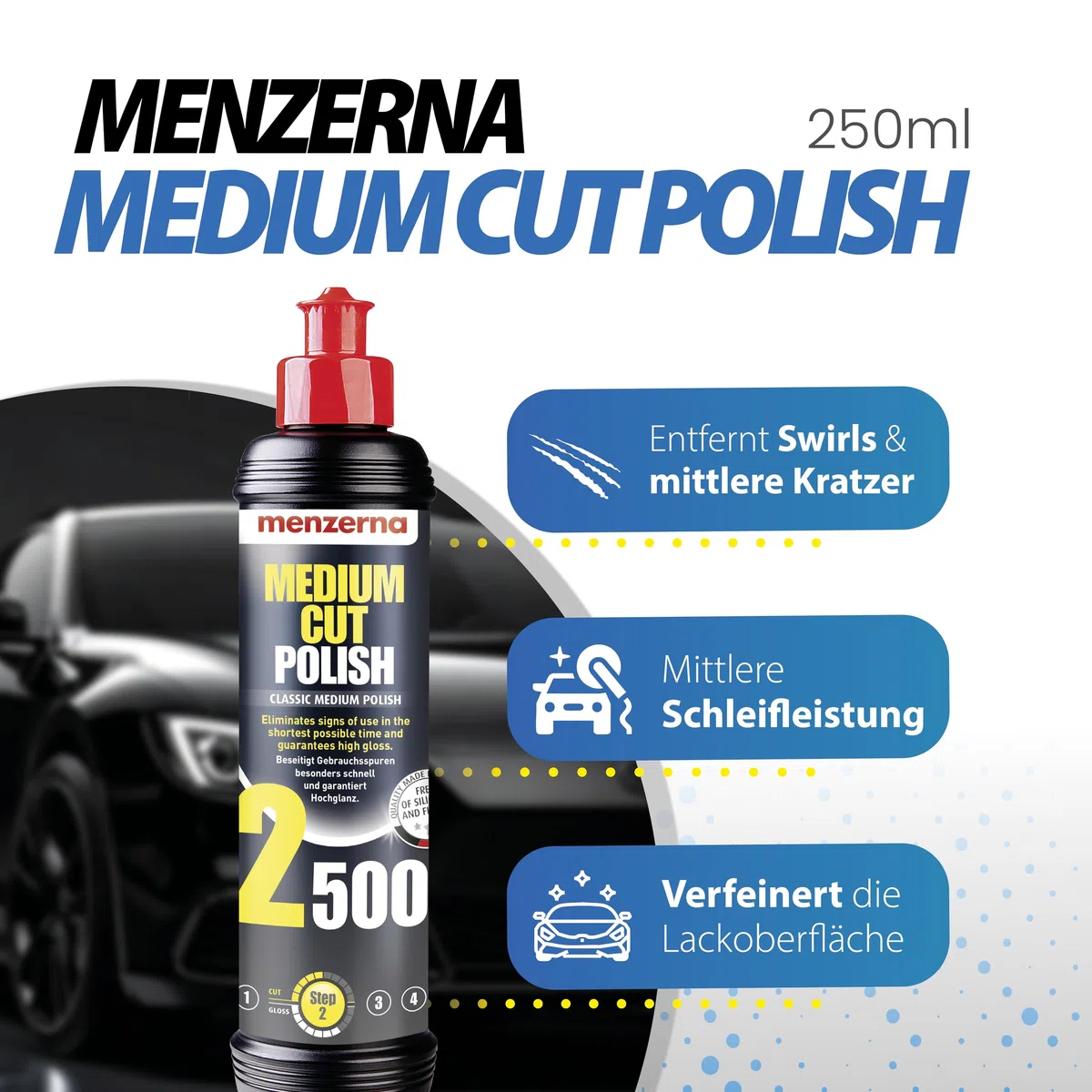 Menzerna Auto Polituren Set: Heavy Cut Compound 1000 + Medium Cut Polish 2500 + Super Finish Plus 3800 + Power Lock Sachet 20ml + 4X Mikrofasertuch