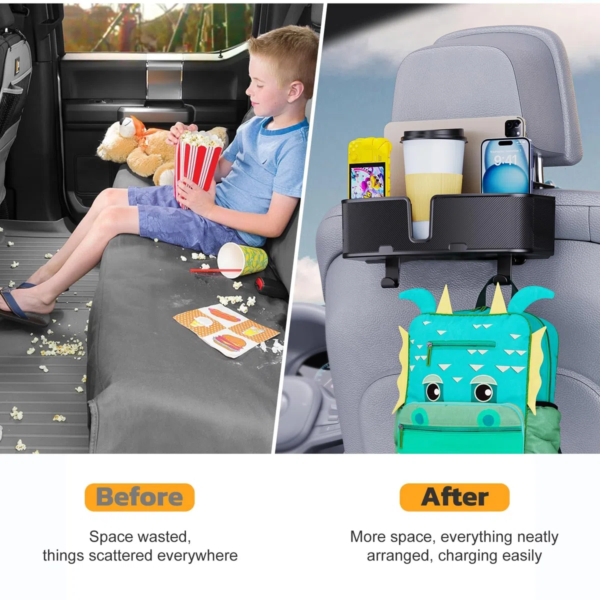 MAGJIEYX Auto Rücksitz Organizer, Multifunktionale Kopfstütze Becherhalter mit starken Haken für Kinder, Passagiere auf der Rücksitzbank, Reise Zubehör 2 Pack