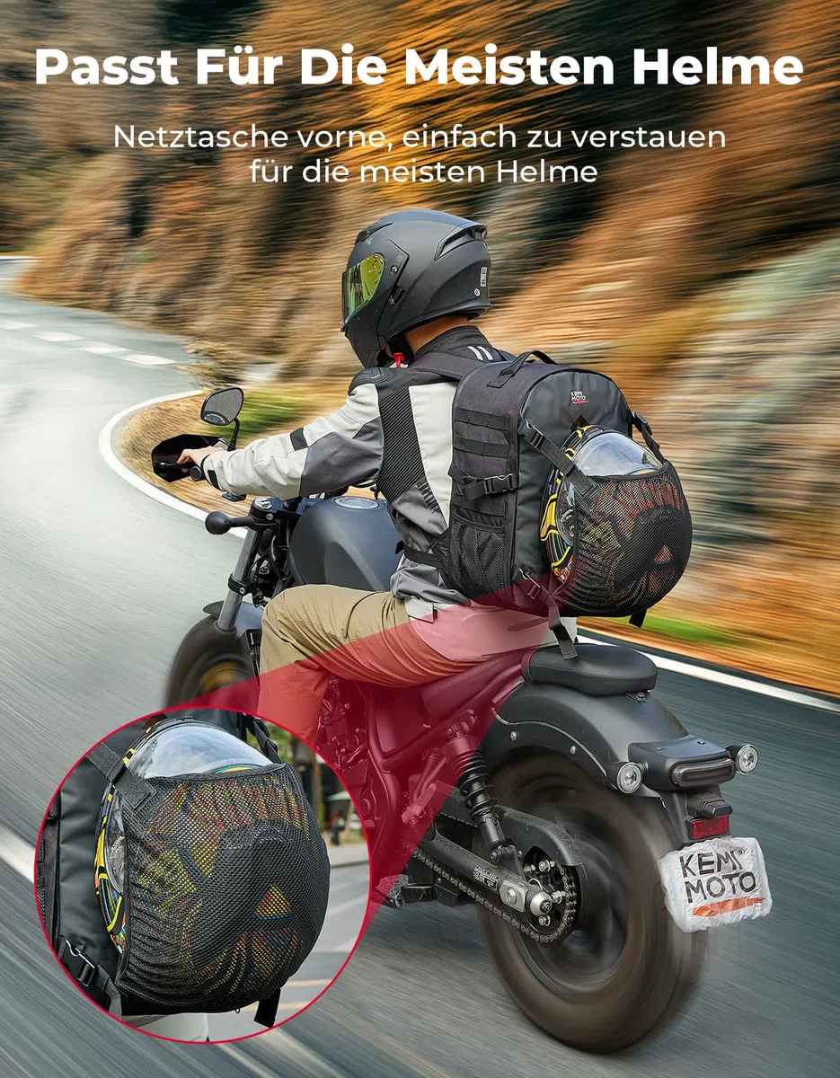 KEMIMOTO Motorradhelm Rucksack, 35L Helm Tasche mit Verstecktem Helmnetz, Großer Helmhalter für Helme