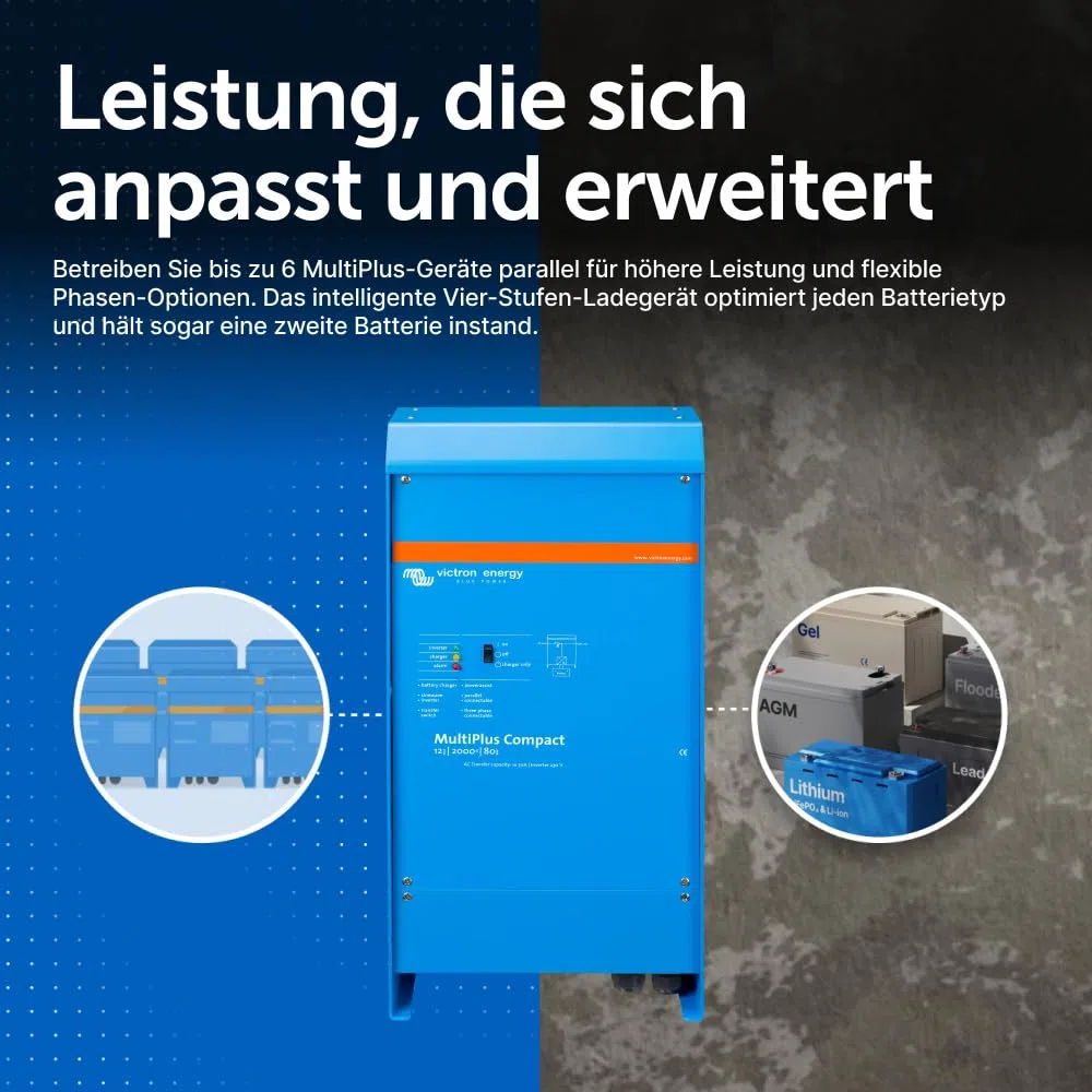 Victron Energy MultiPlus Reiner Sinus Wechselrichter 80 Amp Batterie Ladegerät, Spannungswandler, Transferschalter Inverter Kompakt, 2000VA 12-Volt 230V