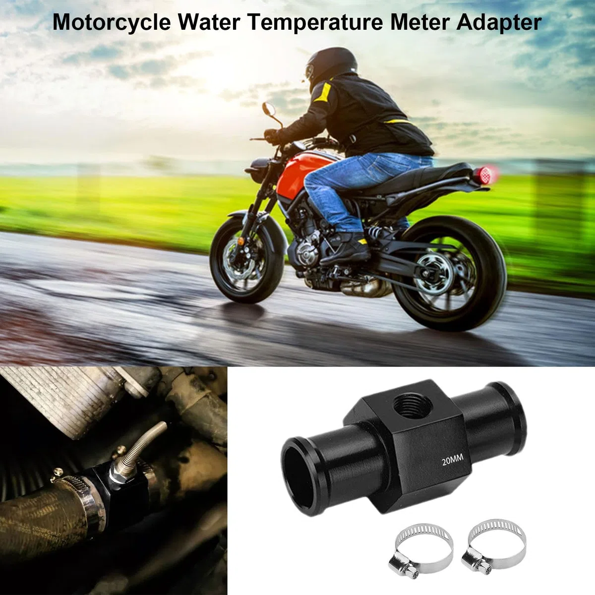 20 mm Sensor-Messgerät, Heizkörperschlauch-Adapter, Wassertemperatur-Verbindungsrohrtemperatursensor, Messgerät, Heizkörperschlauch-Adapter mit 2 Klemmen, Aluminiumlegierung, Wassertemperaturmesser,