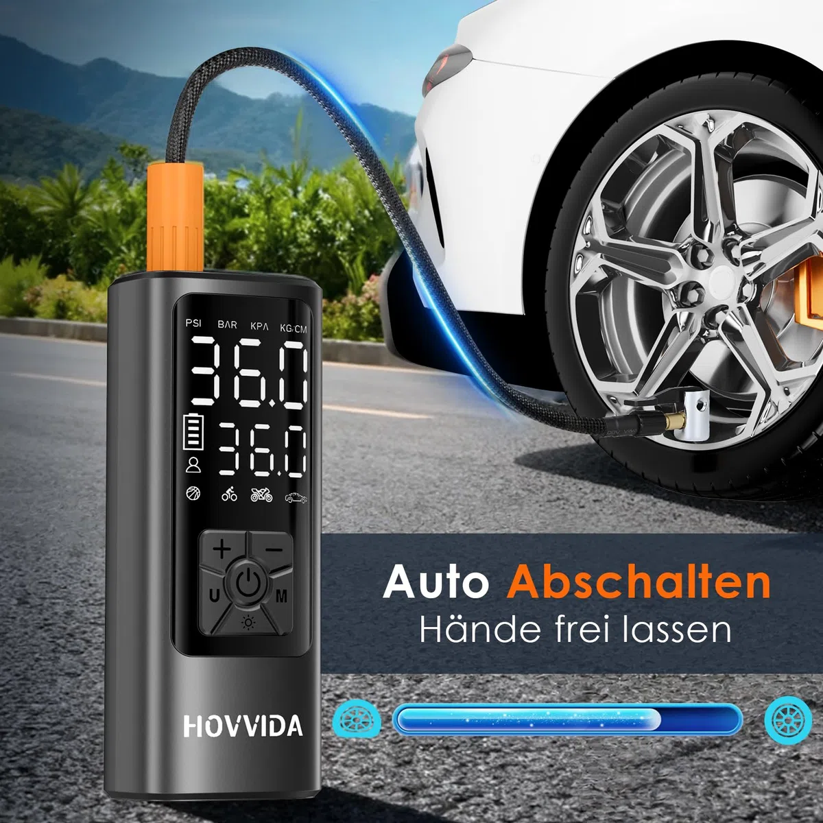 HOVVIDA Elektrische Luftpumpe, 10,3 bar Fahrradpumpe, Digitale Akku-Luftpumpe mit Druckvoreinstellung & Auto-Abschaltung, Wiederaufladbar, Luftpumpe für E-bike, Auto, Fahrrad, Motorrad, Bälle