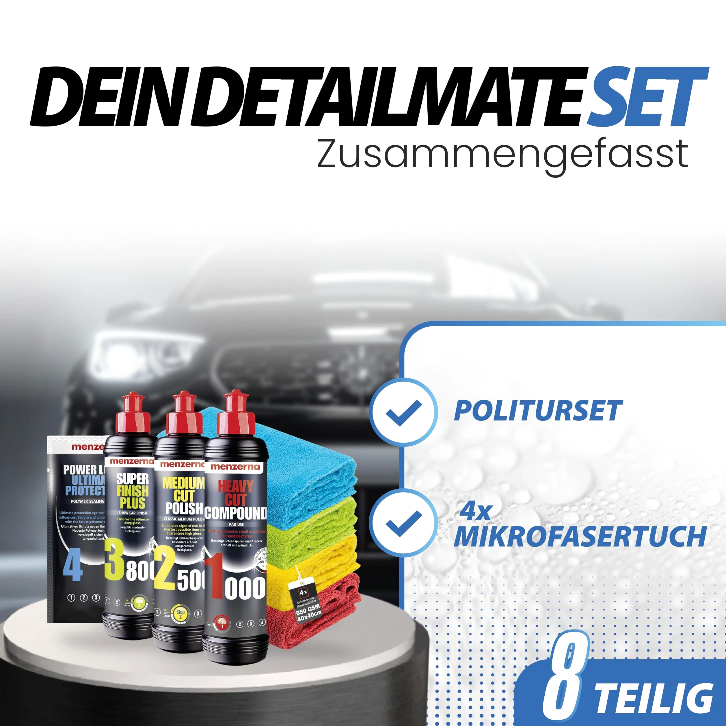 Menzerna Auto Polituren Set: Heavy Cut Compound 1000 + Medium Cut Polish 2500 + Super Finish Plus 3800 + Power Lock Sachet 20ml + 4X Mikrofasertuch