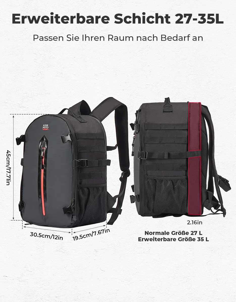 KEMIMOTO Motorradhelm Rucksack, 35L Helm Tasche mit Verstecktem Helmnetz, Großer Helmhalter für Helme