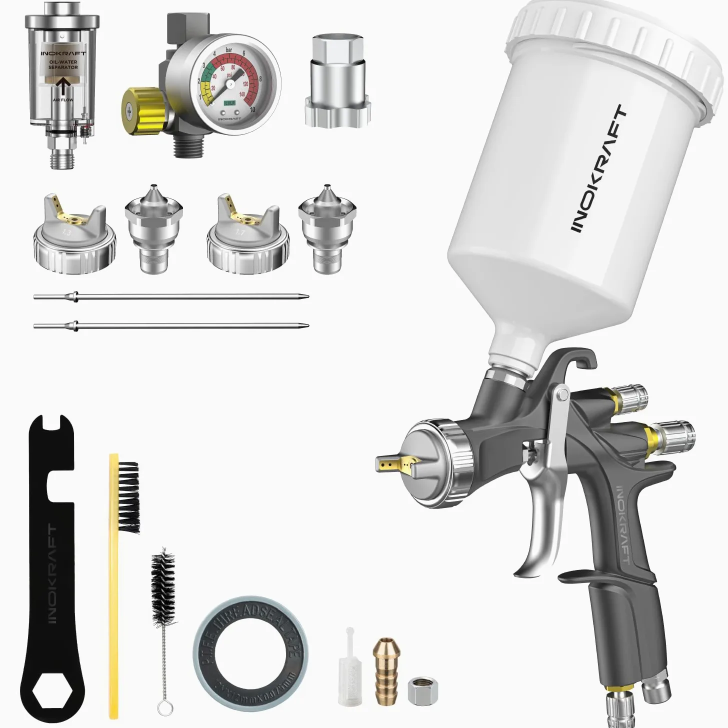 InoKraft D1 LVLP Luftsprühpistolen-Set, Düsen 1,3/1,5/1,7 mm, Farbsprühzubehör