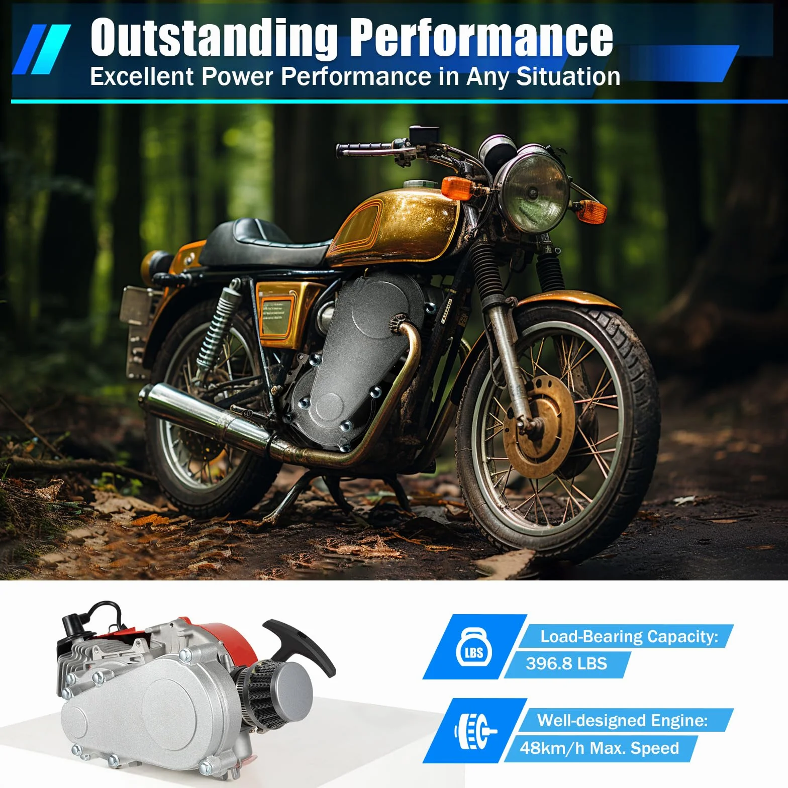 49CC Motors Dirtbike Motor, 3.5PS Pocket Bike Mini ATV Quad mit Getriebe Vergaser, Ziehen Start, Vergaser mit Getriebe für Taschenmotorräder Geländemotorräder ATVs Motorroller