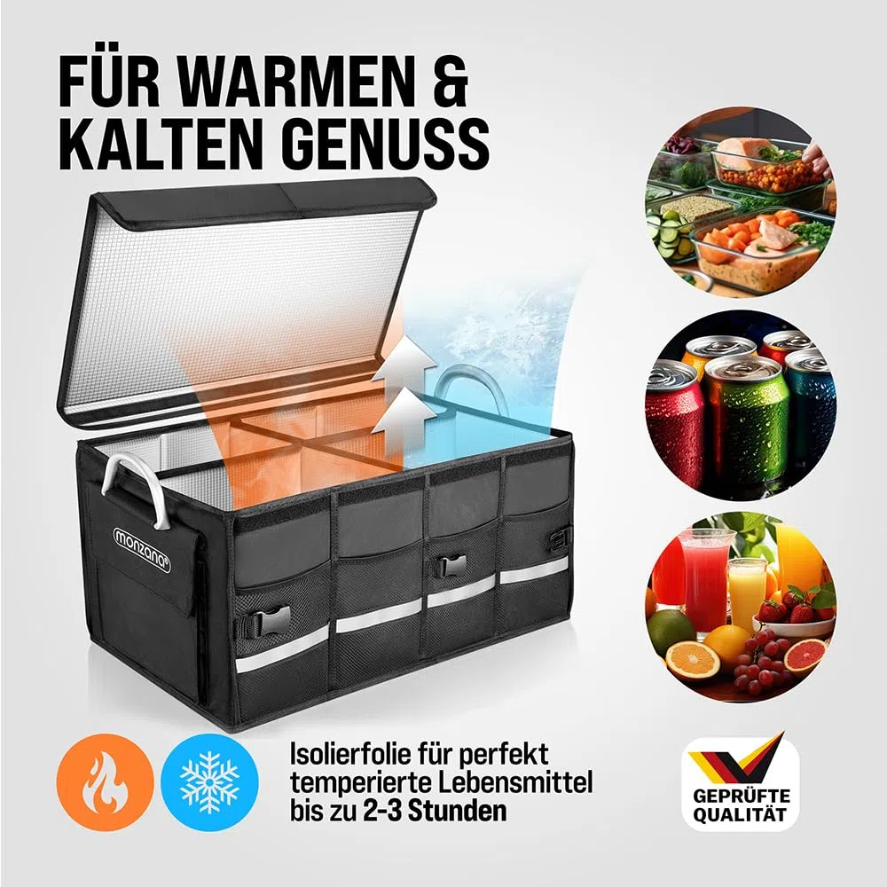 Monzana Kofferraum Organizer Deckel 68L Isolierung Alu-Griffe Trennwände Wasserdicht Faltbar MDF Wände Rutschfest Kofferraumtasche Kühltasche Faltbox