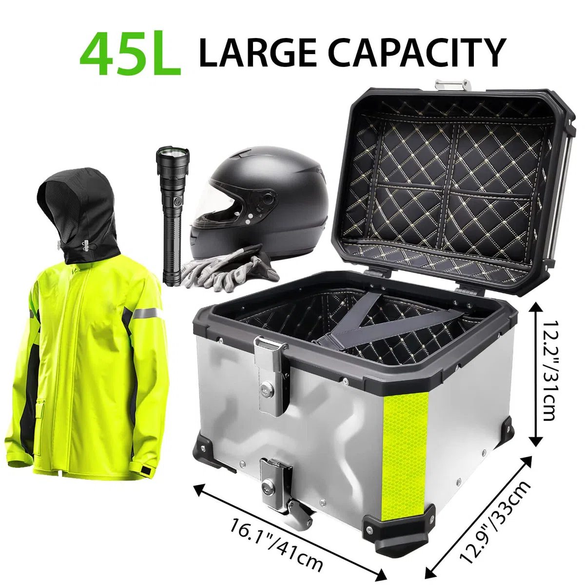 VOKKA Topcase Motorrad 45L Aluminiumlegierung Wasserdicht Diebstahlsicher mit Rückenlehne Trägerplatte Silber