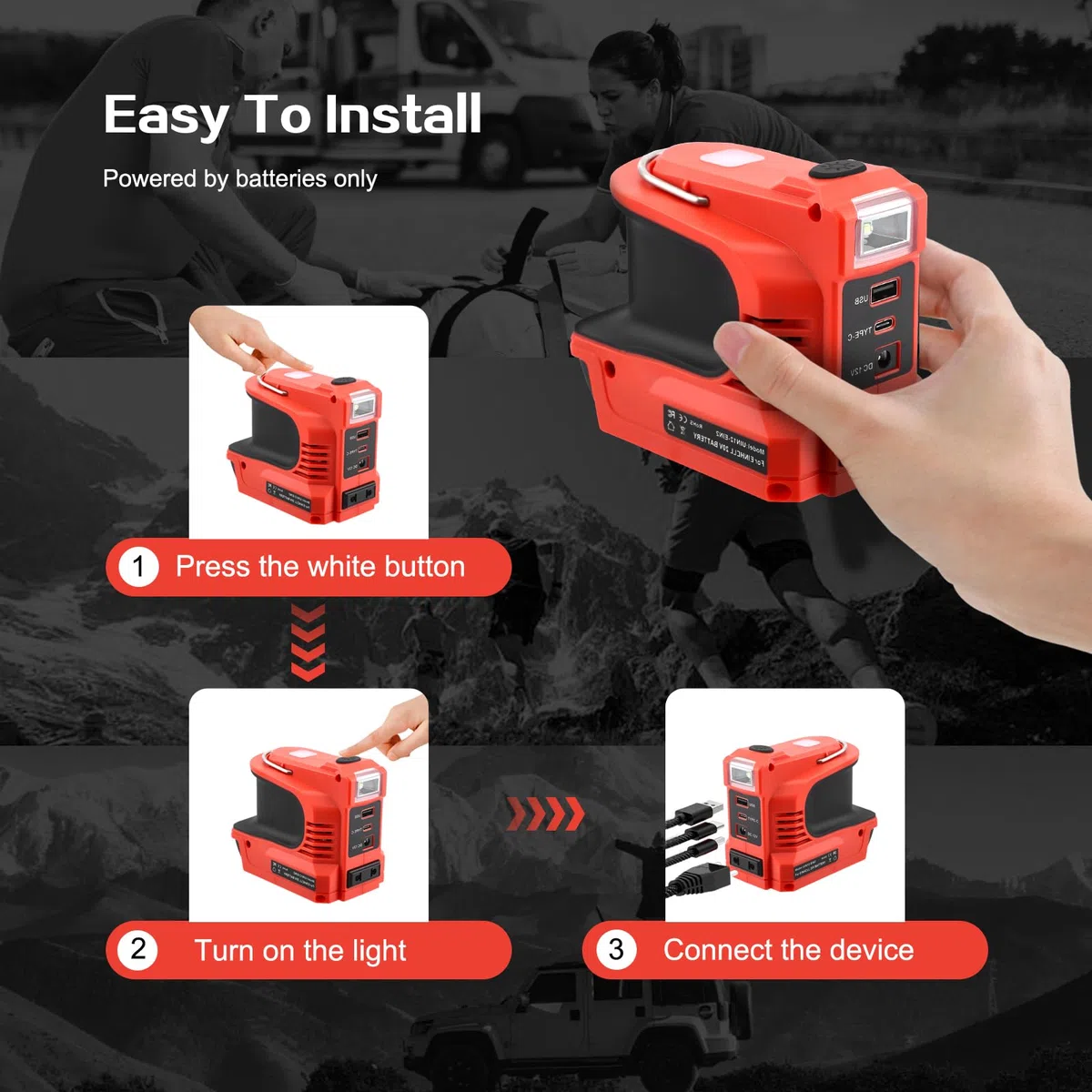 220W Wechselrichter für Einhell 18V Akku, DC 18V auf AC 220-230V Spannungswandler Adapter mit USB Typ-C DC12V Anschluss und LED Lampe, Notstromaggregat für Camping