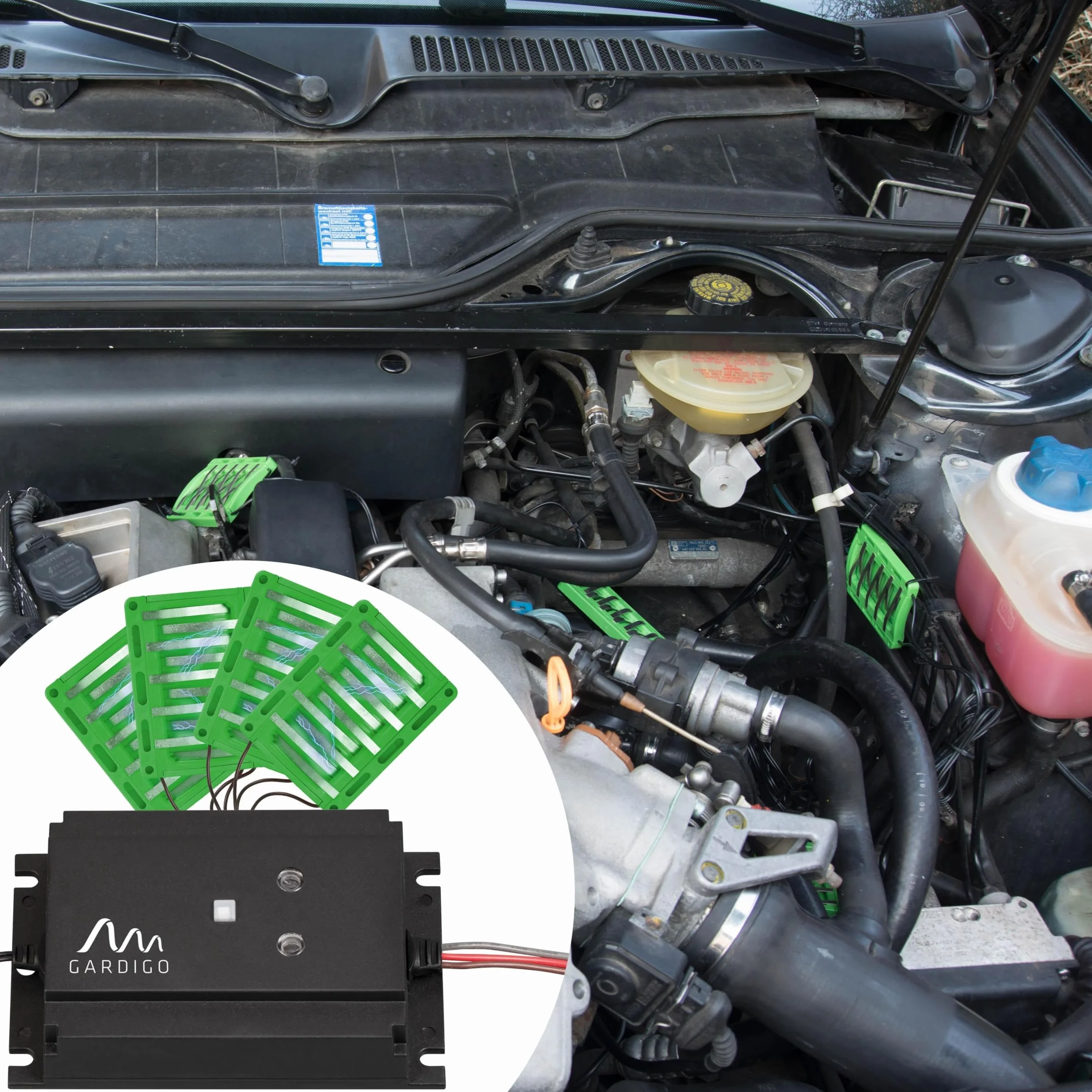 Gardigo® Marderschreck Auto Stromschlag | 3-fache Marderabwehr durch Ultraschall Blitzlicht und Elektroschock | Marderschutz im Motorraum | IP65 | Anschluss an Autobatterie | 400V | 12-24 kHz