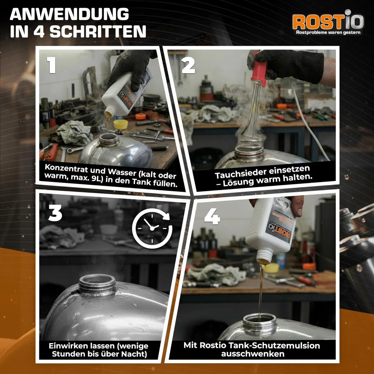 Rostio Tankentroster-Set 1L – inkl. Tank-Schutzemulsion 500 ml + Tauchsieder – hochergiebig (1 : 10) – für Tanks bis 10L – Rostentferner & Korrosionsschutz – Entrostung auch bei starkem Rost