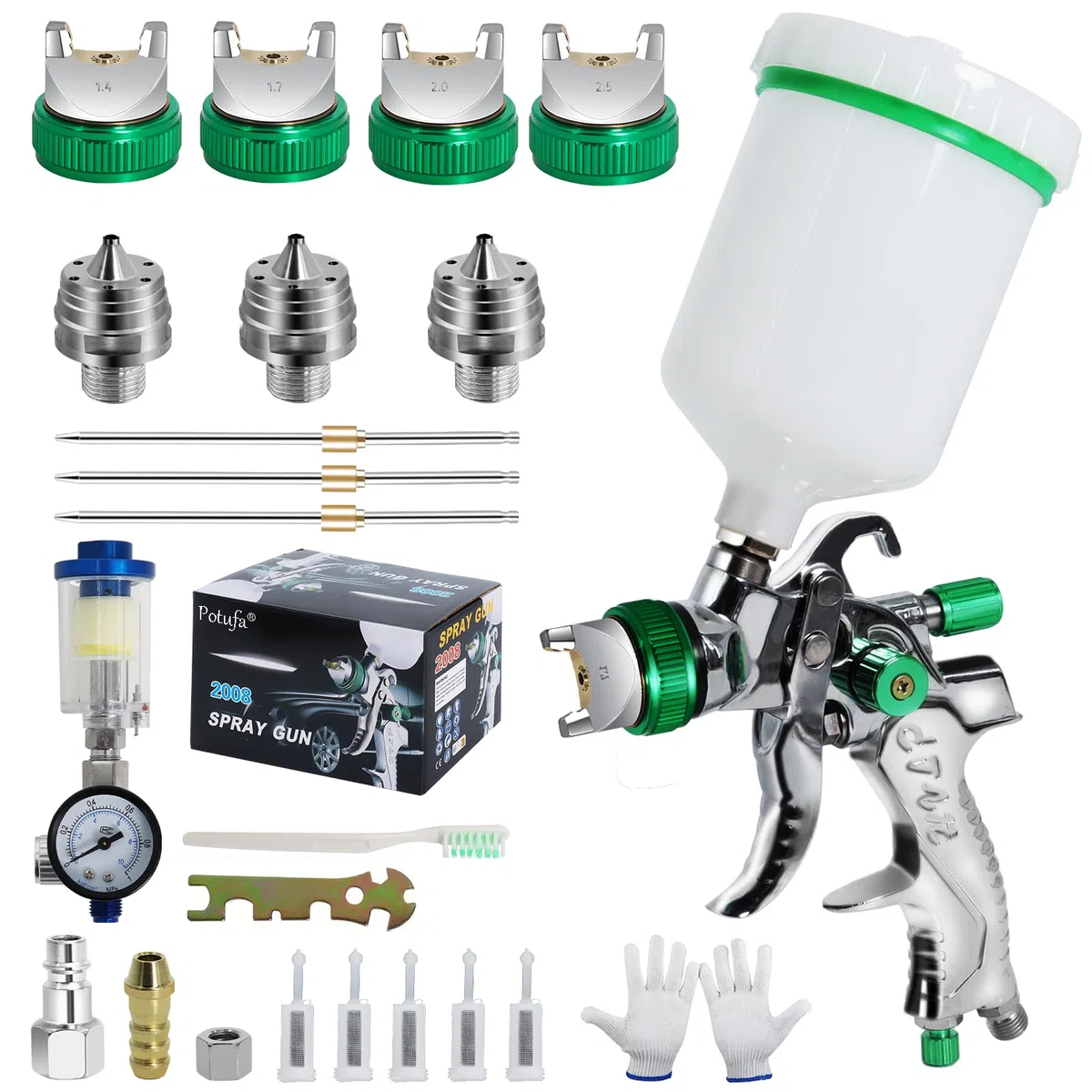 HVLP Lackierpistole Spritzpistole Kit 4 Düsen 1,4mm 1,7mm 2,0mm 2,5mm 600 ml Plastikbecher Grün