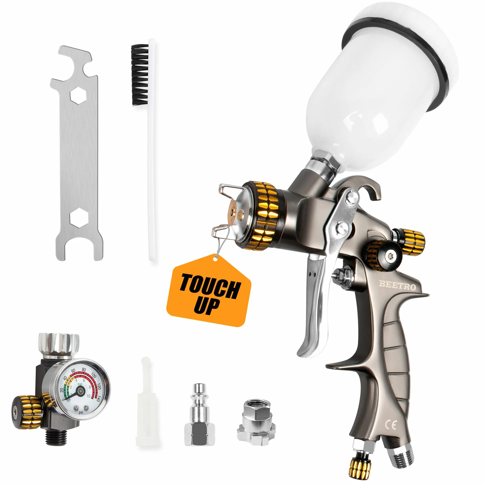 BEETRO HVLP Lackierpistole für Klarlacke 1.0mm Edelstahldüse 150ml Kapazität 7.0CFM 22psi mit Typ 2 Adapter Luftsteuerventil und Filter Professionelle Schwerkraftzufuhr Detailsprühgerät