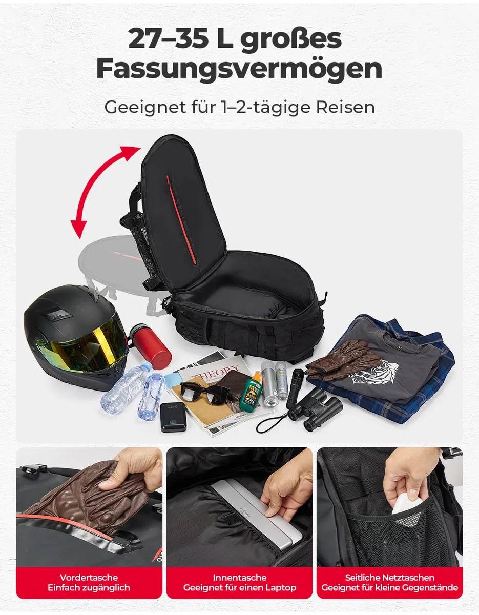 KEMIMOTO Motorradhelm Rucksack, 35L Helm Tasche mit Verstecktem Helmnetz, Großer Helmhalter für Helme