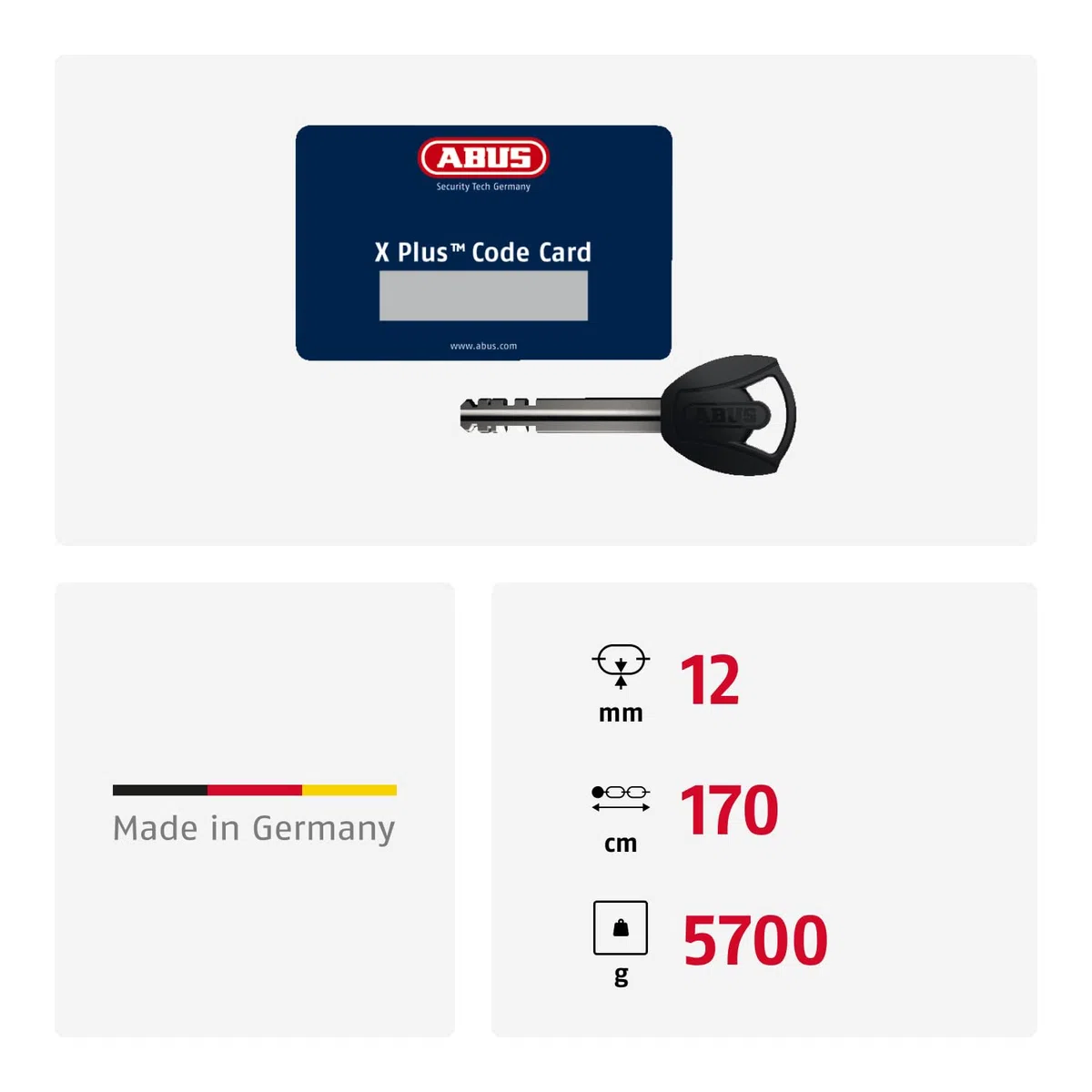 ABUS Schloss-Ketten-Kombi Granit Extreme Plus 59 - Motorradschloss aus 12 mm starker Sechskantkette - ABUS-Sicherheitslevel 20 - 170 cm Kettenlänge