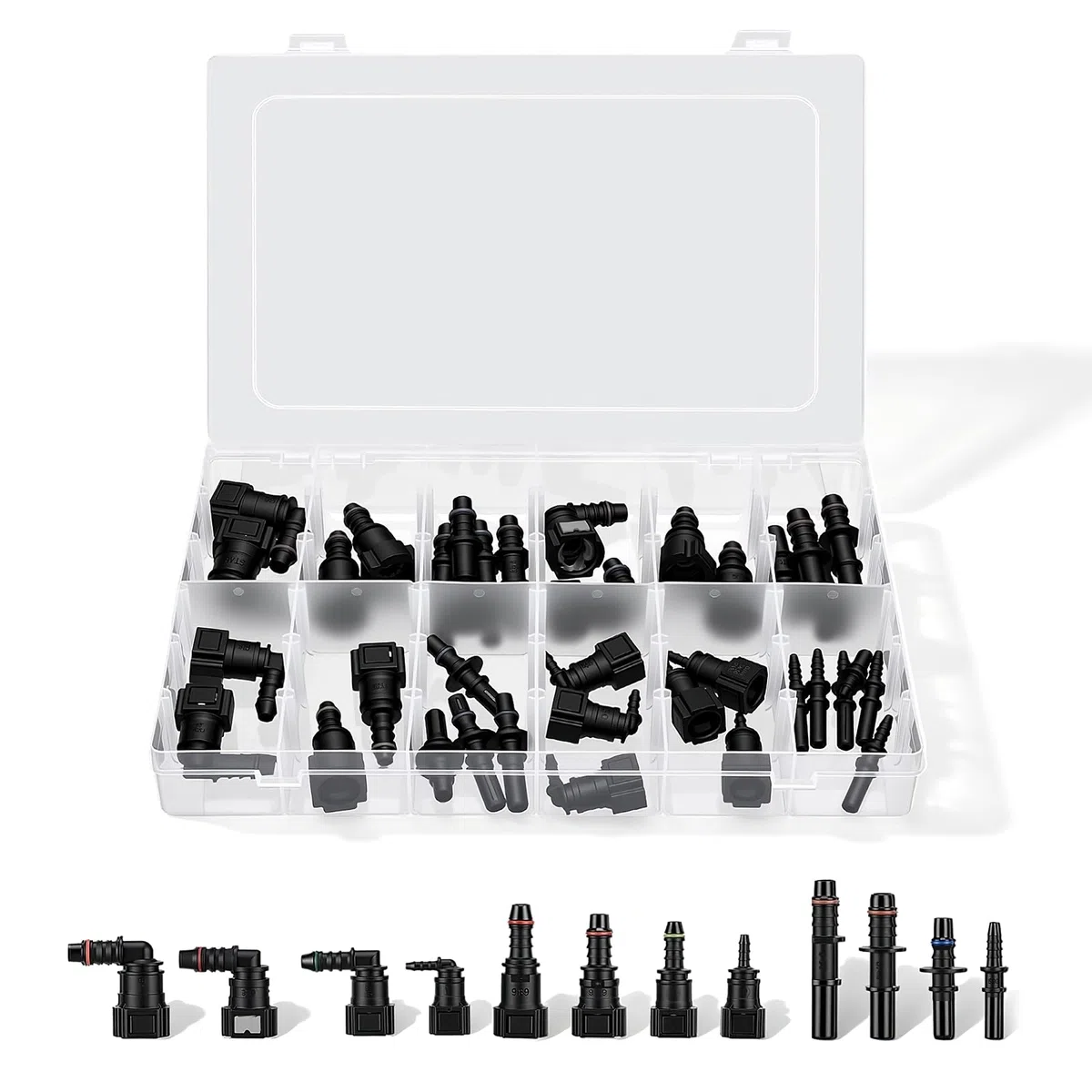 36-Teiliges Kraftstoffleitungsverbinder Set, Schnellkupplungen für Benzinschlauch, Gerade und Winkelanschlüsse, kompatibel mit 9.89mm 9.49mm 7.89mm 6.3mm, für Auto, Motorrad, Boot – ID8mm ID6mm