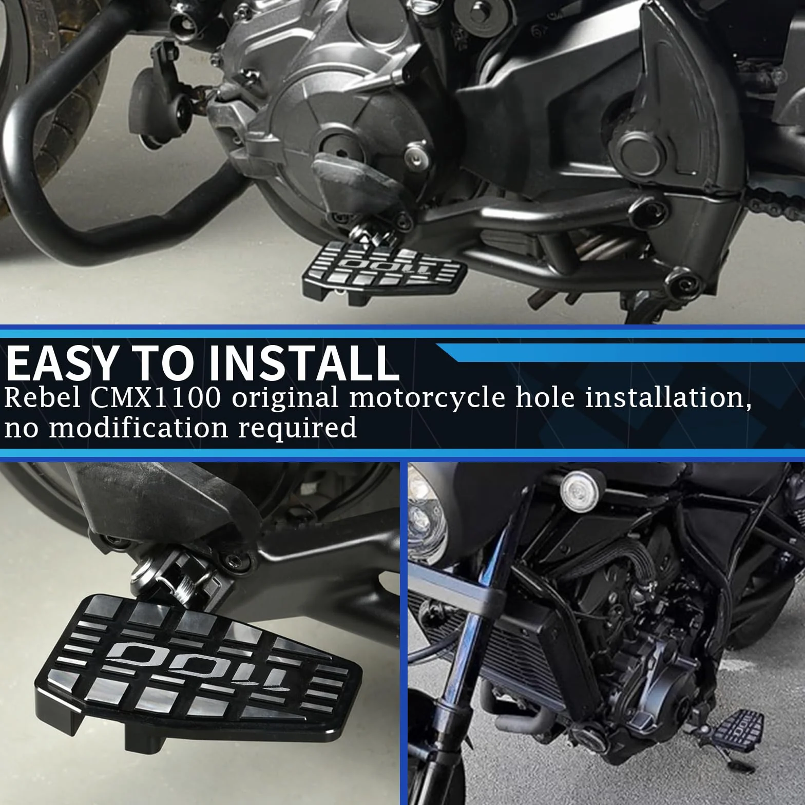 Motorrad-Fußrasten, kompatibel mit Honda CMX1100 REBEL CMX 1100/DCT 2021–2025, Aluminium-Motorrad-Fußraste, breitere Fußstütze, breite Pedale (Schwarzes Silber)