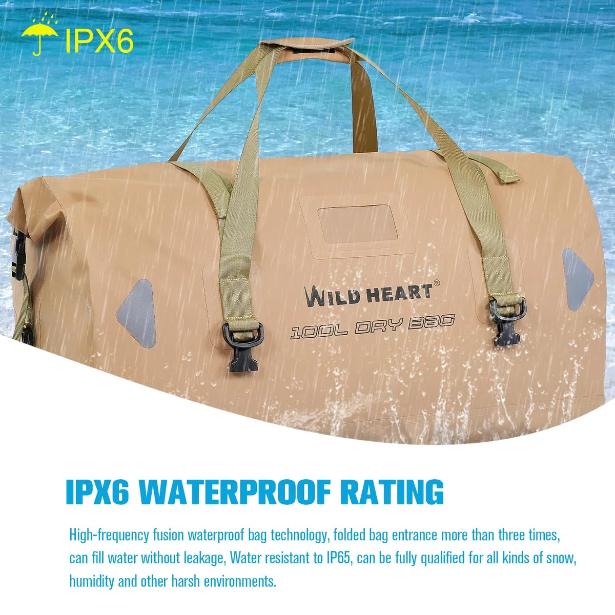 WILD HEART wasserdichte Reisetasche PVC500D Doppelboden mit Seil und Innentasche 40L 66L 100L Für Kajak,Camping,Bootfahren,Motorrad