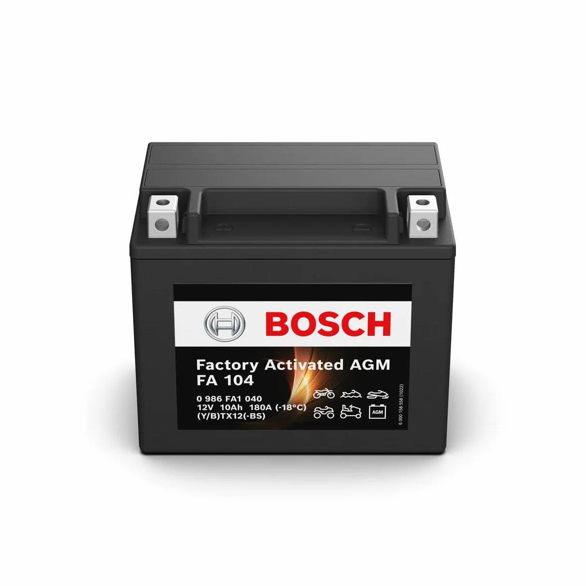 Bosch FA104 - AGM-Motorradbatterie - 12V 180A 10Ah - Geeignet für Motorräder, Motorräder, Enduros, Roller, Quads, Jetskis - Kompatibel M6014, BTX12-BS, BTX12