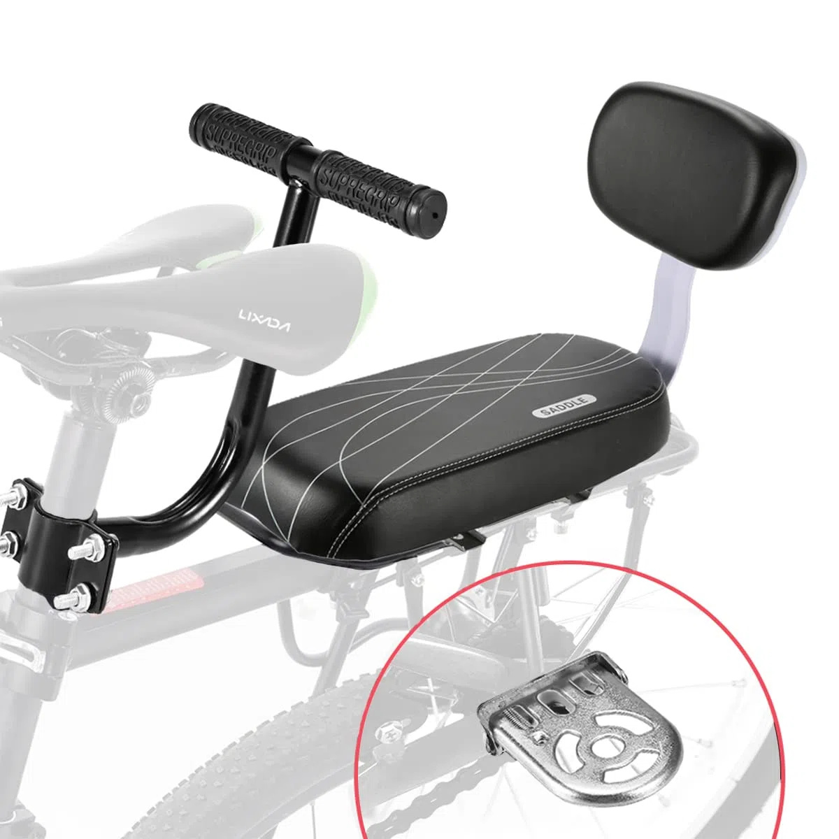 Fahrradrücksitz, Polstersattel mit Rückenlehne, für Kleinkinder, Kinder, Freunde, Lederbezug, für Befestigung am Gepäckträger