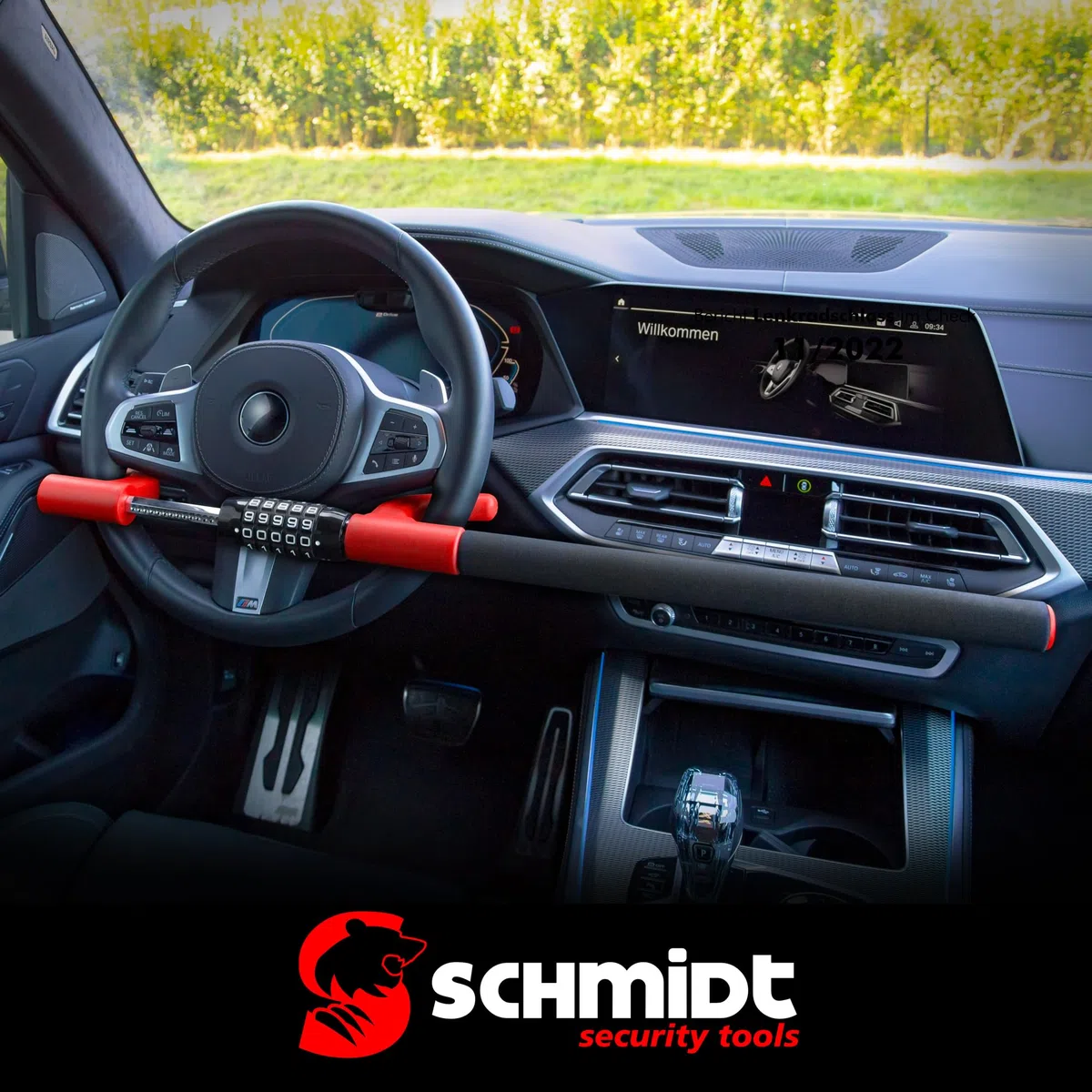 SCHMIDT security tools Lenkradkralle, Extra Langes Lenkradschloss, Wegfahrsperre, PKW Diebstahlschutz, Lenkradsperre mit schlüssellosem Zahlenschloss für Auto, Wohnmobil & LKW