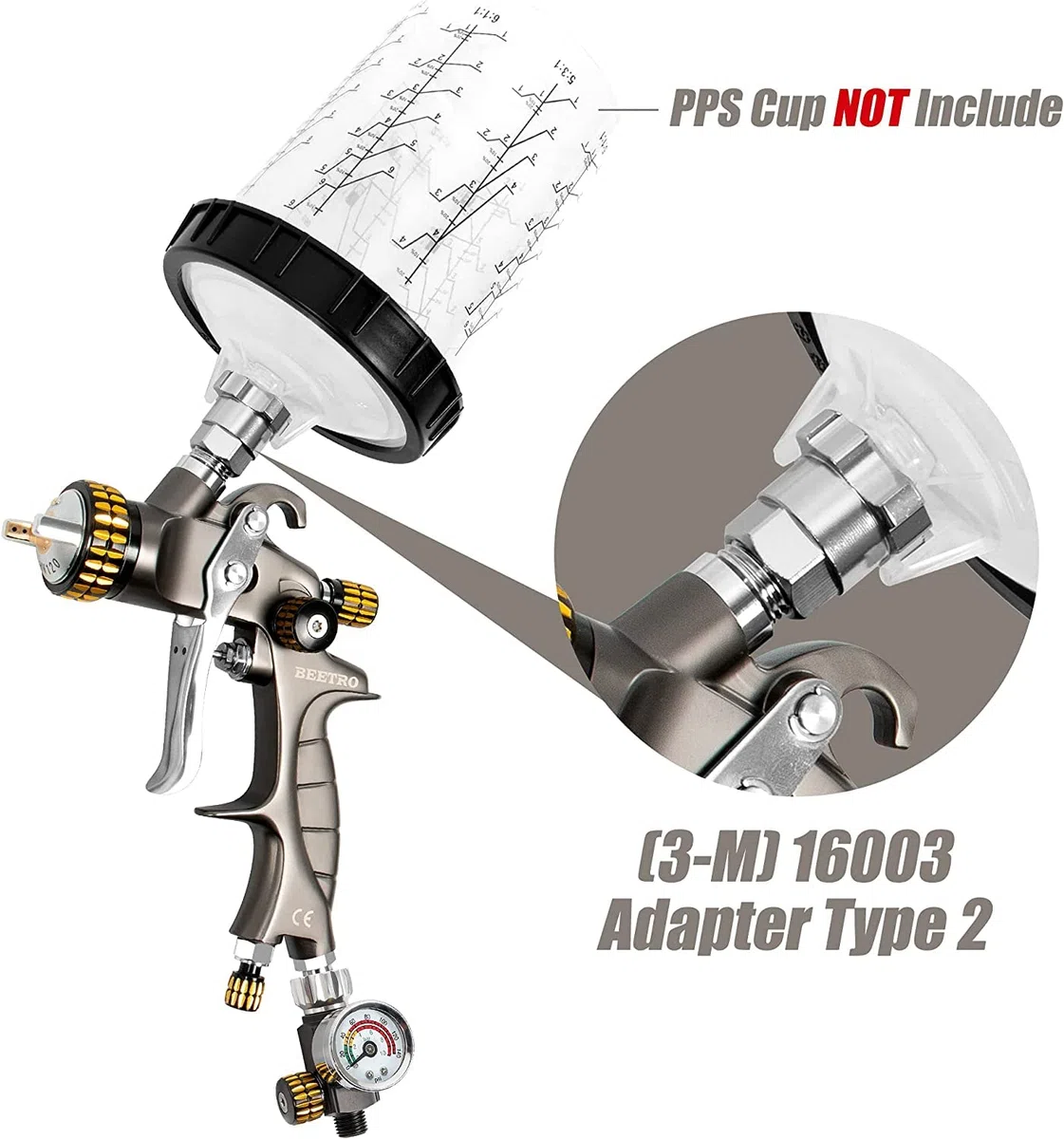 BEETRO HVLP-luchtspuitpistool 600 ml 14,5 CFM 30-43 psi 1,4 mm/1,8 mm mondstukken roestvrij staal