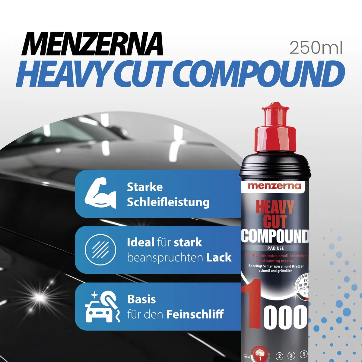 Menzerna Auto Polituren Set: Heavy Cut Compound 1000 + Medium Cut Polish 2500 + Super Finish Plus 3800 + Power Lock Sachet 20ml + 4X Mikrofasertuch