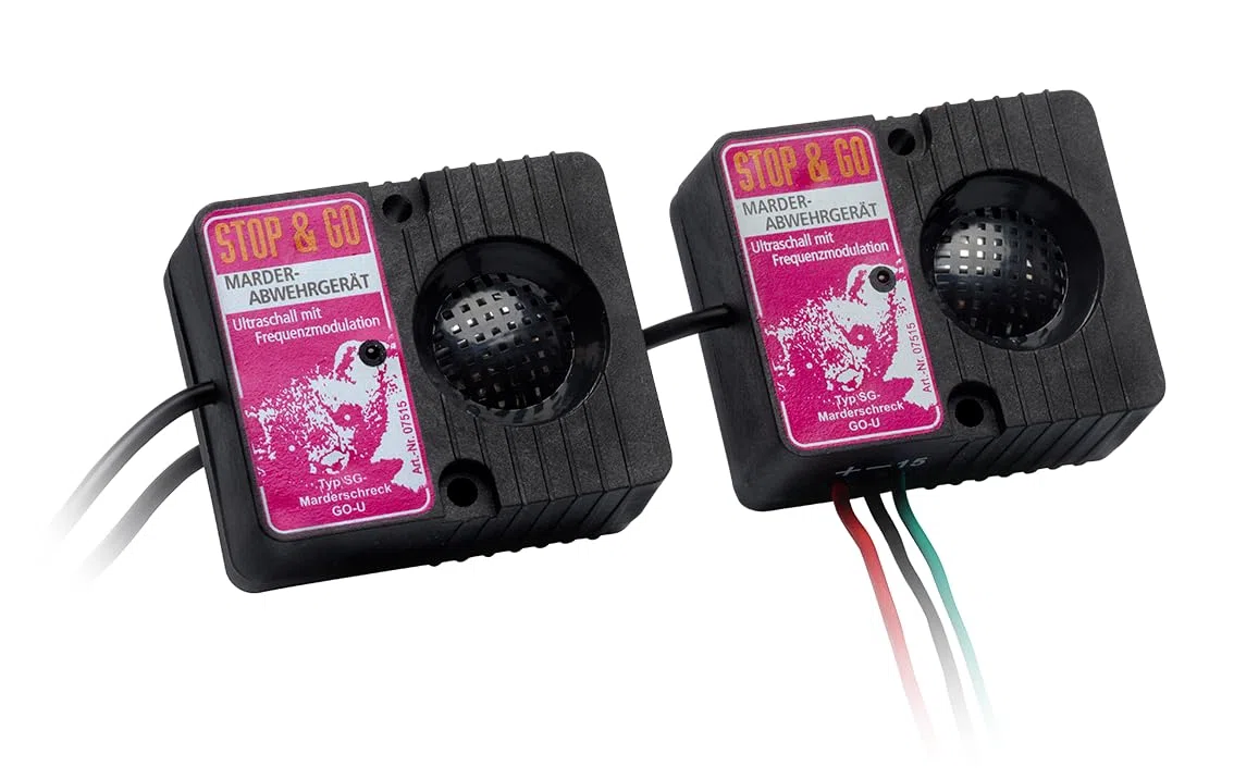 STOP&GO Marderabwehr 2 Lautsprecher Ultraschallgerät mit Frequenzmodulation – 12V Bordnetzanschluss – doppelte Wirkung
