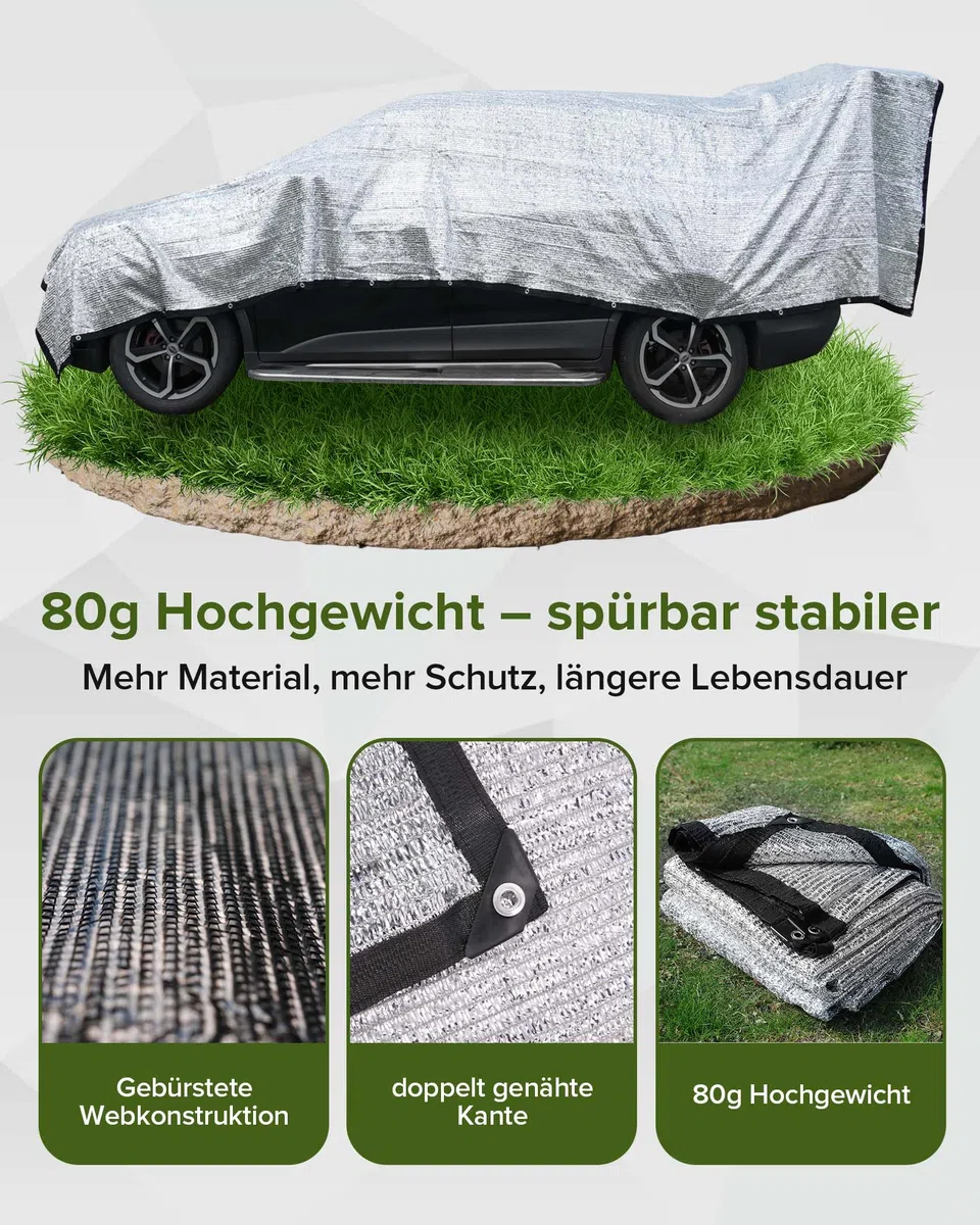 FoundGo Alu Schattennetz Auto Hund 3x4m, 85% UV-Schutz, Aluminium-HDPE Hitzeschutz mit Ösen, Luftdurchlässig & Reflektierend für Camping Sonnenschutz, Wohnmobil & Garten mit Zubehör