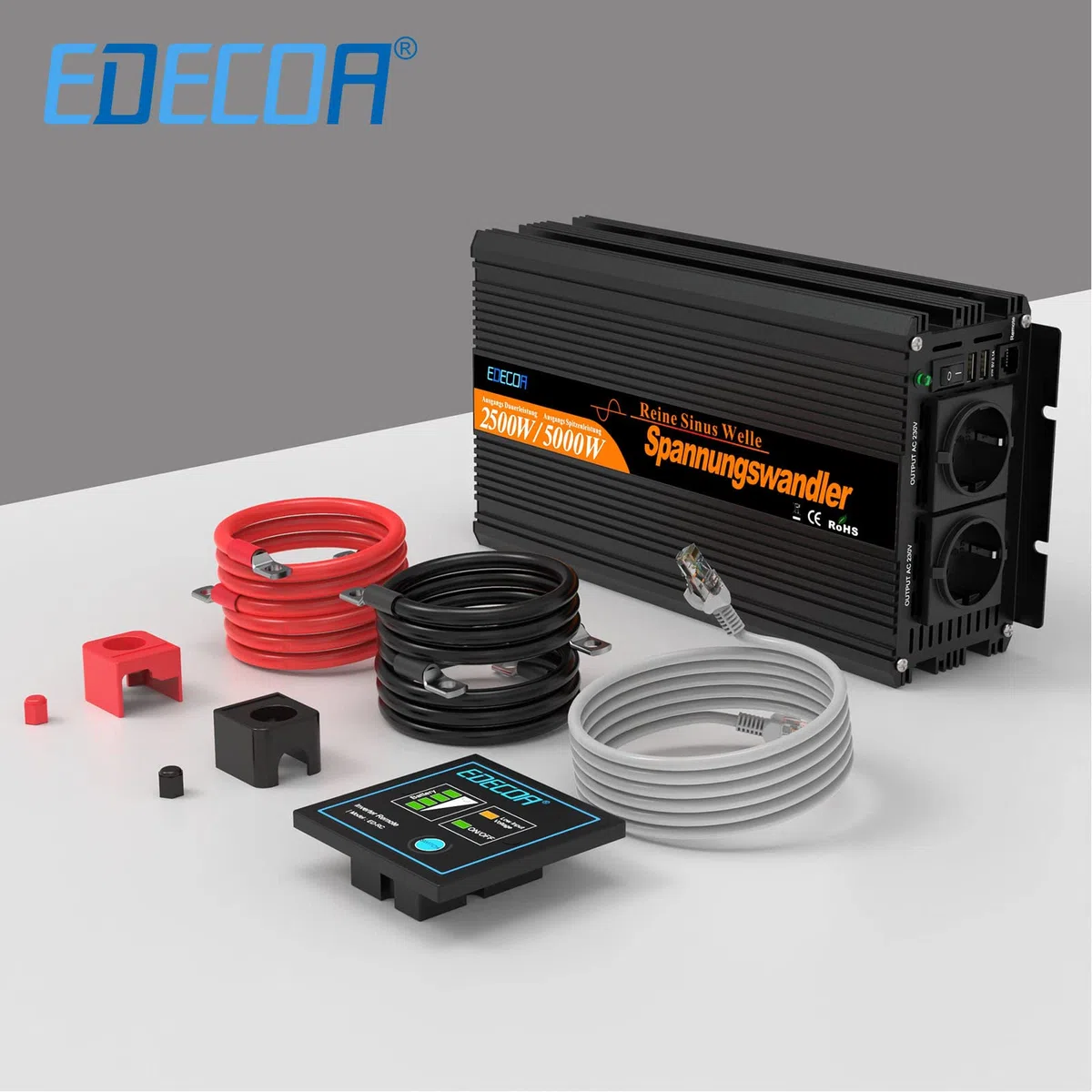 EDECOA Wechselrichter 12v auf 230v Reiner Sinus 2500w Wohnwagen Spannungswandler 2X USB und Fernbedienung KFZ Stromwandler Inverter 12v 220v Umrichter (2500w 12v)