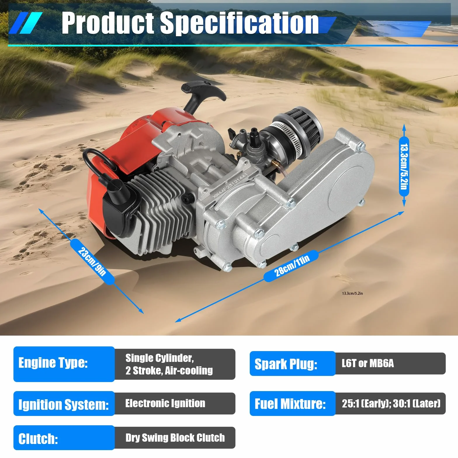 49CC Motors Dirtbike Motor, 3.5PS Pocket Bike Mini ATV Quad mit Getriebe Vergaser, Ziehen Start, Vergaser mit Getriebe für Taschenmotorräder Geländemotorräder ATVs Motorroller