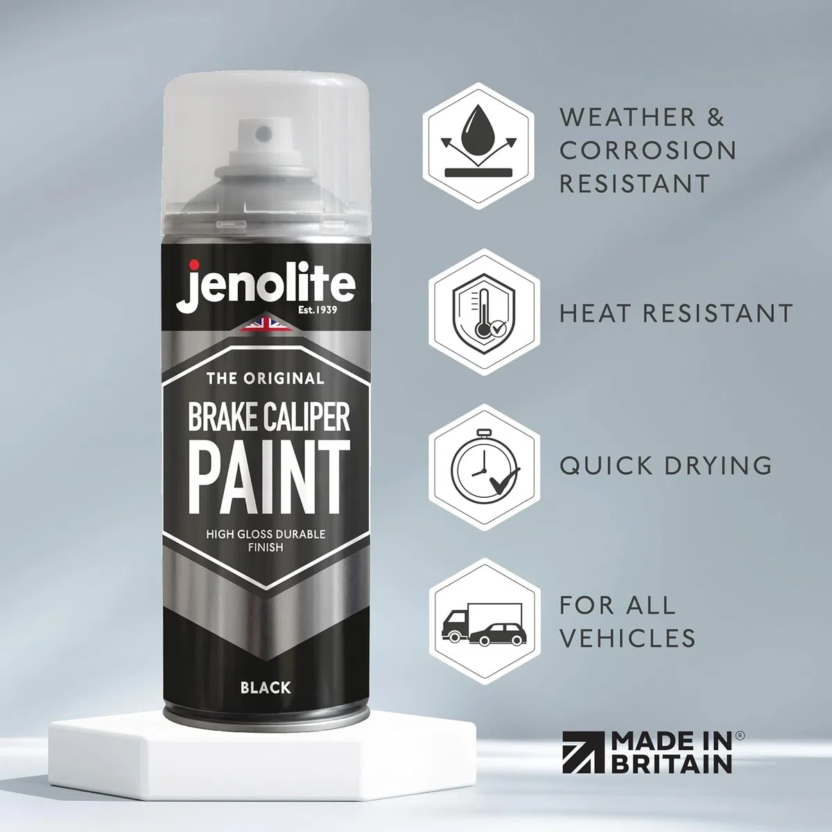 JENOLITE- Bremssattellack Schwarz. Bremssattelfarbe. Hitzefester Thermolack für Bremsklötze am Auto bis 300°C. Inhalt: 400ml