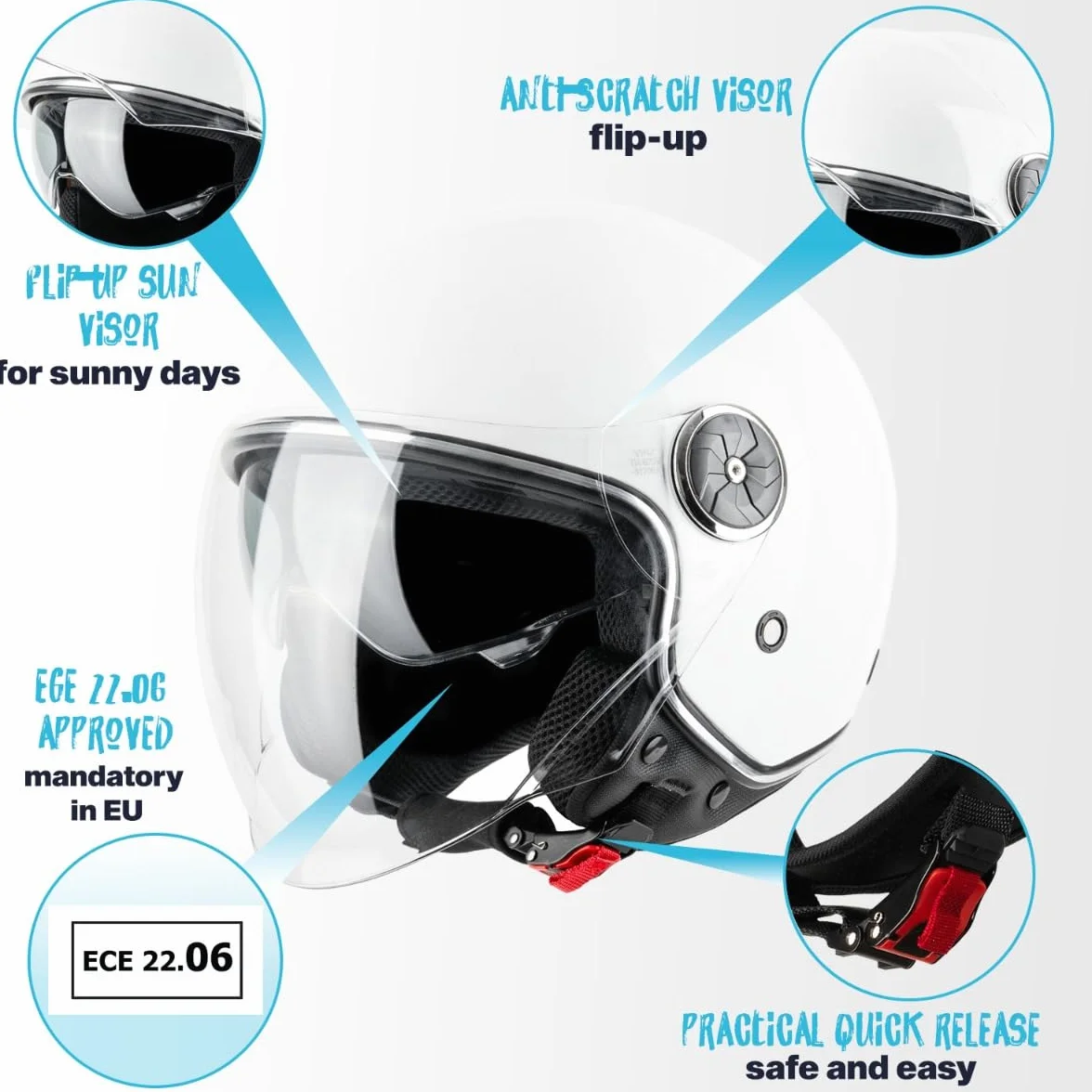 VINZ Tobia Jethelm mit Doppelvisier | Roller Helm mit Sonnenblende | In Gr. XS-XXL | ECE 22.06 Zertifiziert | Motorradhelm mit Visier |Viele Farben Erhältlich