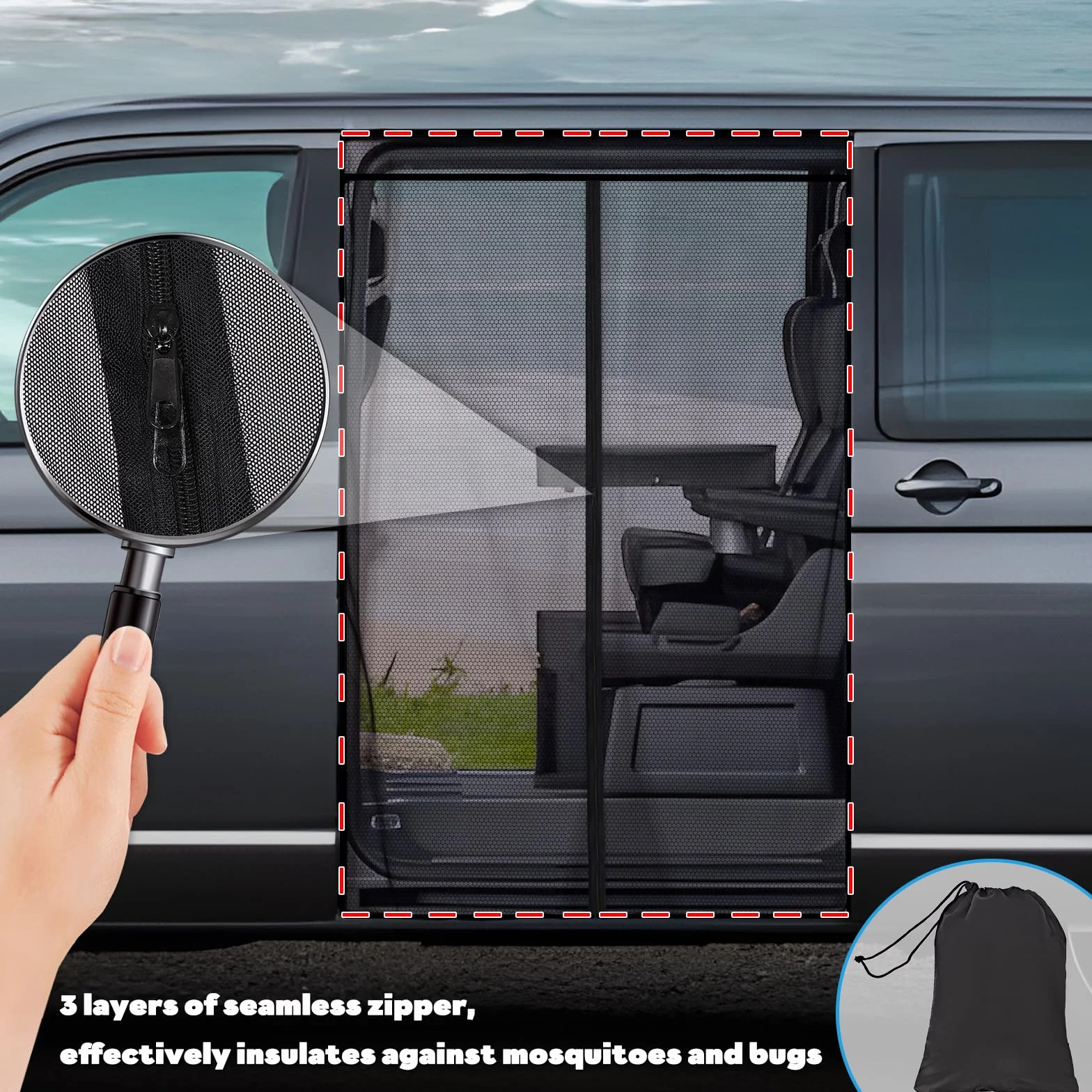 ZATOOTO Moskitonetz reißverschluss für VW T5 T6 Magnetisch Fliegengitter Insektenschutz Sonnenschutz Trennvorhang Seitentür Schattennetz Camping Reise (Side)