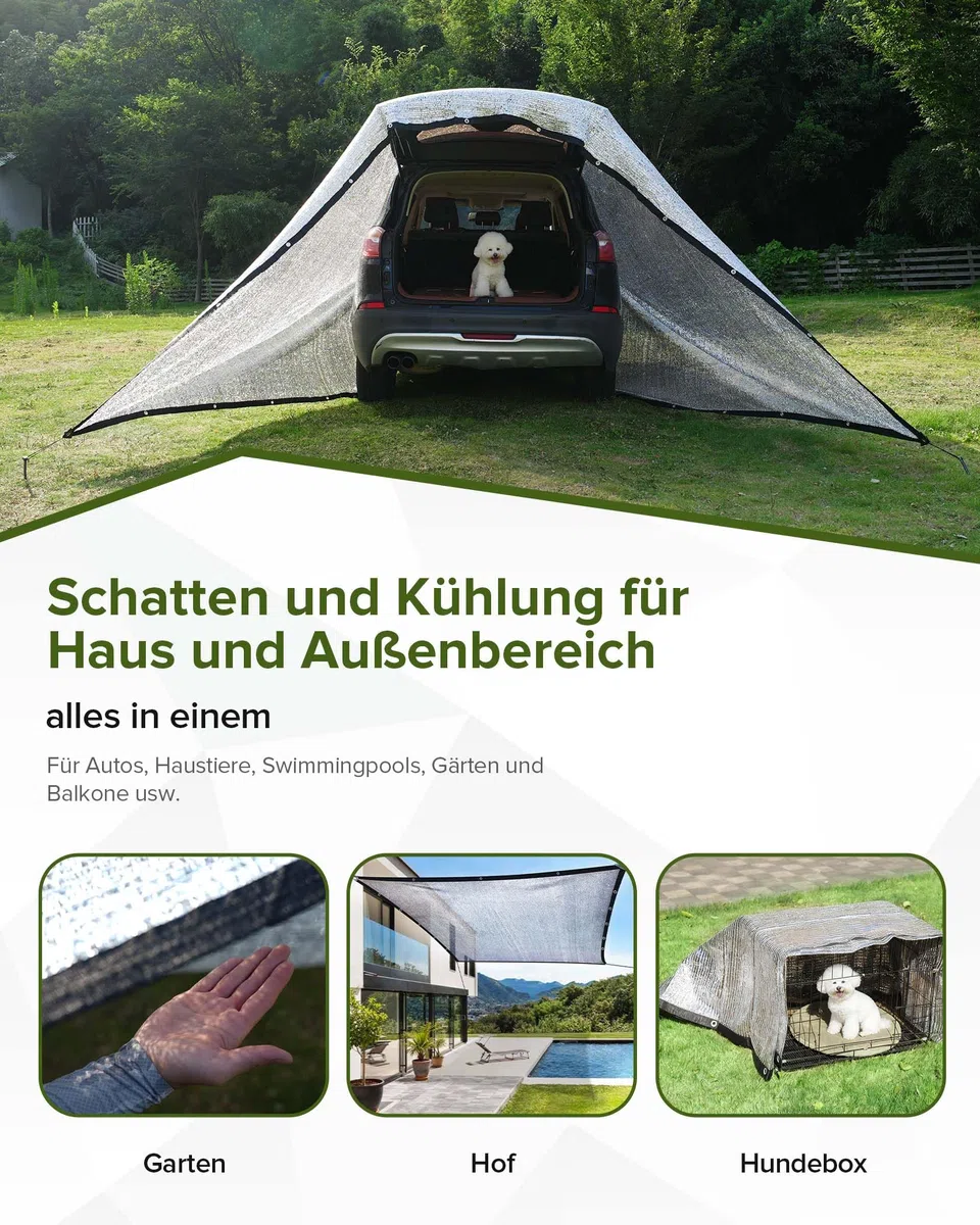 FoundGo Alu Schattennetz Auto Hund 3x4m, 85% UV-Schutz, Aluminium-HDPE Hitzeschutz mit Ösen, Luftdurchlässig & Reflektierend für Camping Sonnenschutz, Wohnmobil & Garten mit Zubehör