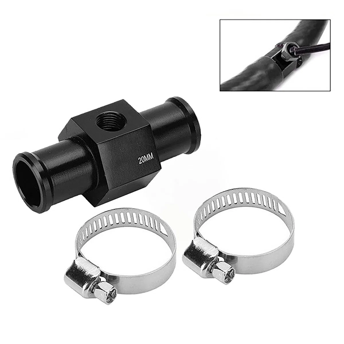 20 mm Sensor-Messgerät, Heizkörperschlauch-Adapter, Wassertemperatur-Verbindungsrohrtemperatursensor, Messgerät, Heizkörperschlauch-Adapter mit 2 Klemmen, Aluminiumlegierung, Wassertemperaturmesser,