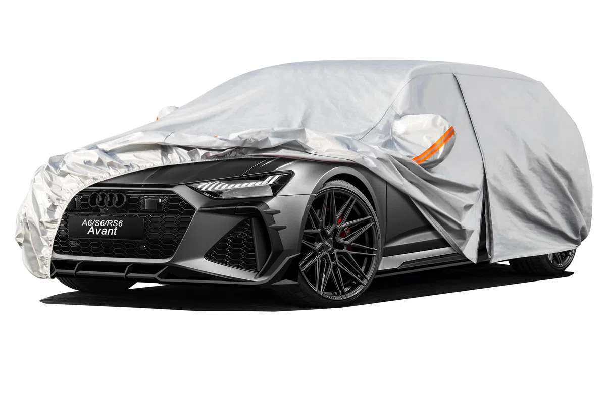 Kayme Kombi Autoplane Wasserdicht Atmungsaktiv für Audi A6 Avant Allroad (2004-2025), 6 Schichten Vollgarage Autoabdeckung für Sonne Staub Schutz Verkratzt, Autoabdeckung mit Reflektierenden Streifen.