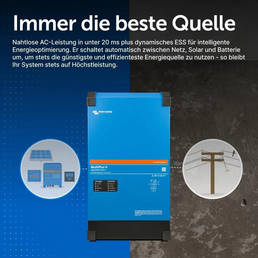 Victron Energy MultiPlus-II Reiner Sinus Wechselrichter 120 Amp Batterie Ladegerät, Spannungswandler, Transferschalter Inverter Charger, 5000VA 24-Volt 230V