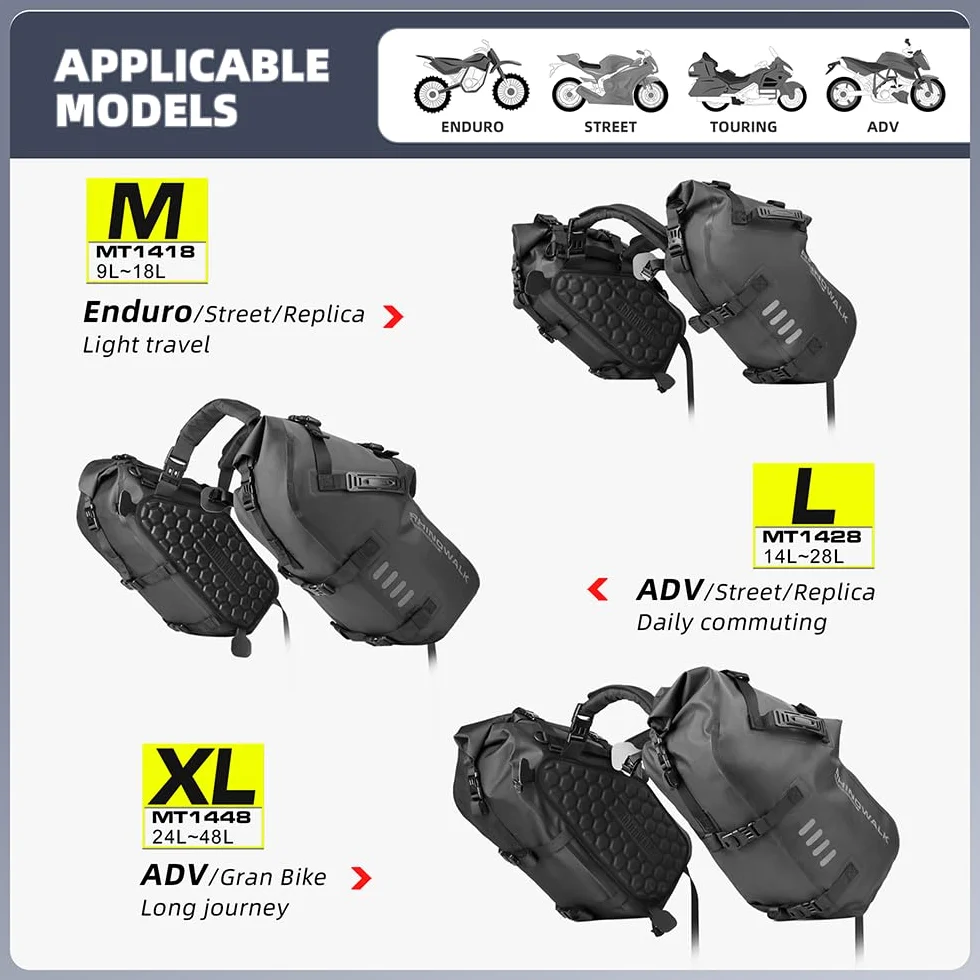 Rhinowalk Motorrad Satteltasche Hecktasche Wasserdicht 28L (14L*2) PVC Plane Rollverschluss