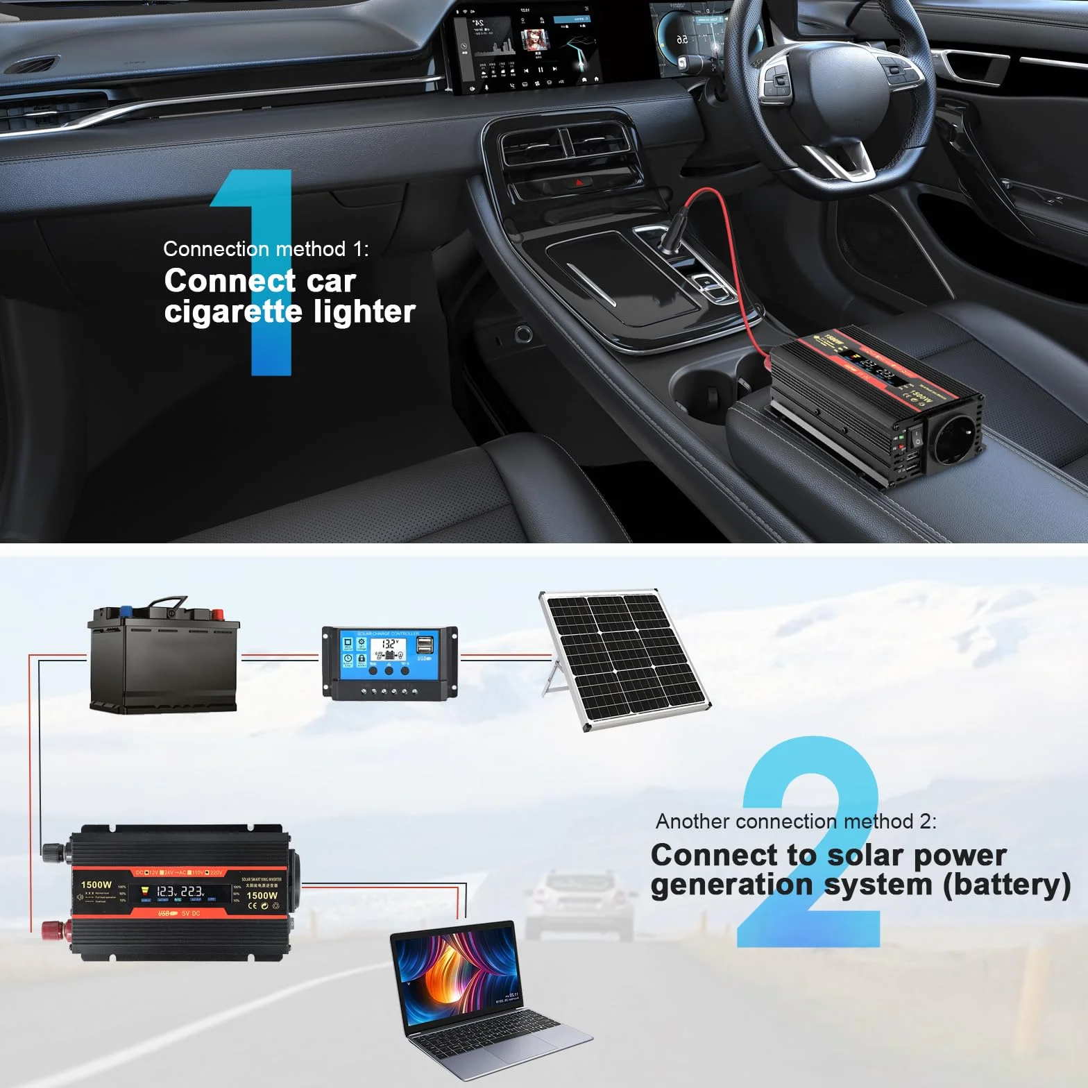 Spannungswandler 12v 230v,wechselrichter 1500w,mit Alligatorclip Zigarettenanzünder Stecker,1 Ac Steckdose & 2 Usb Port,power Inverter Für Auto