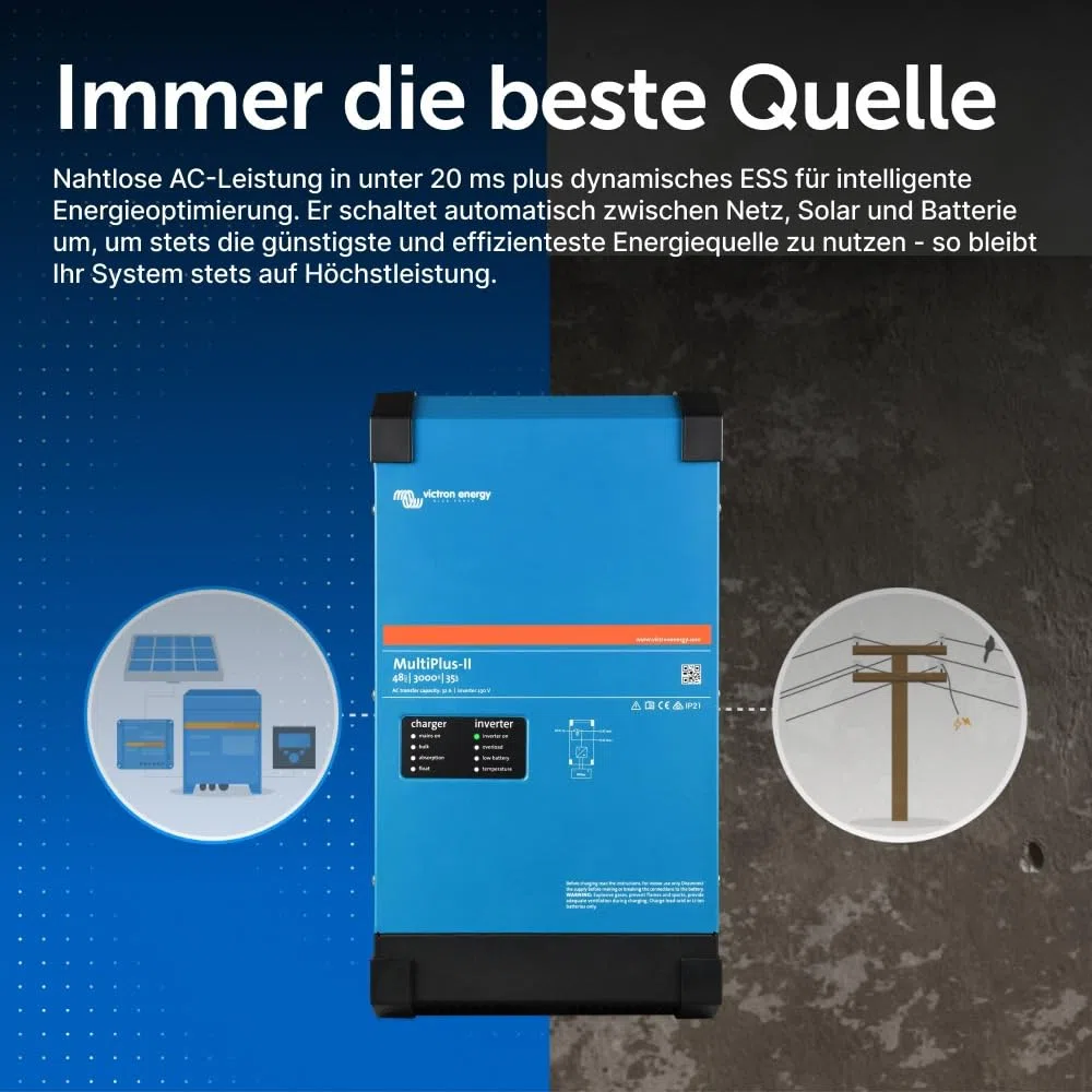 Victron Energy MultiPlus-II Reiner Sinus Wechselrichter 35 Amp Batterie Ladegerät, Spannungswandler, Transferschalter Inverter Charger, 3000VA 48-Volt 230V