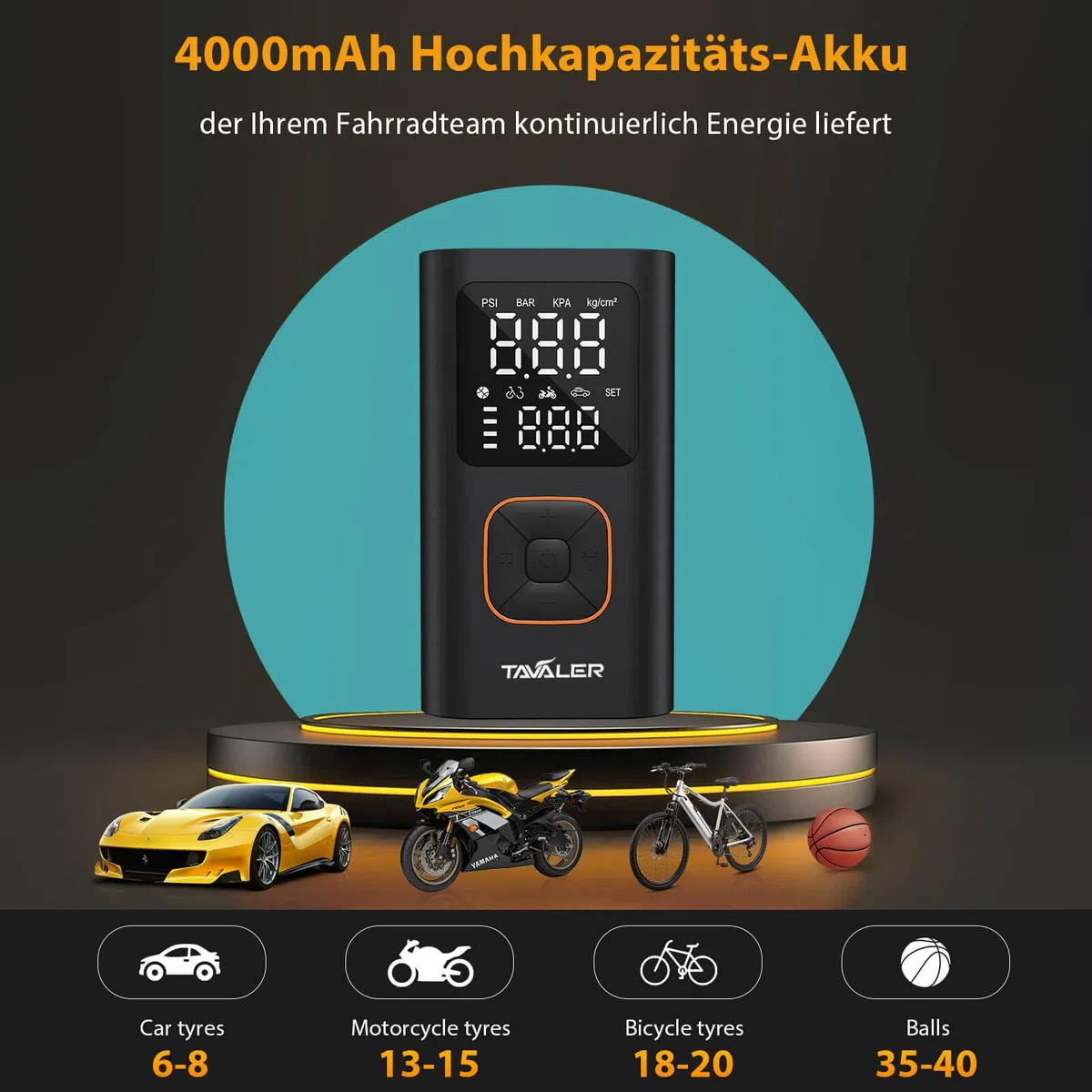Tavaler Elektrische Luftpumpe Kabellose 150PSI Tragbare Akku Fahrradpumpe | Akku Luftpumpe Autostop, Memory Funktion Fahrradpumpe Elektrisch, LED-Licht Mini Kompressor für Auto E-Bike Fahrrad Motorrad