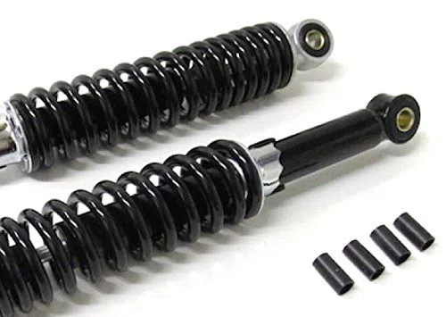 320mm Verstellbares Stoßdämpfer Set in Schwarz, 5-fach einstellbares Federbein passend für Zündapp, Puch, Hercules, Simson und mehr – Universal Stoßdämpfer inkl. 8mm Reduzierhülsen