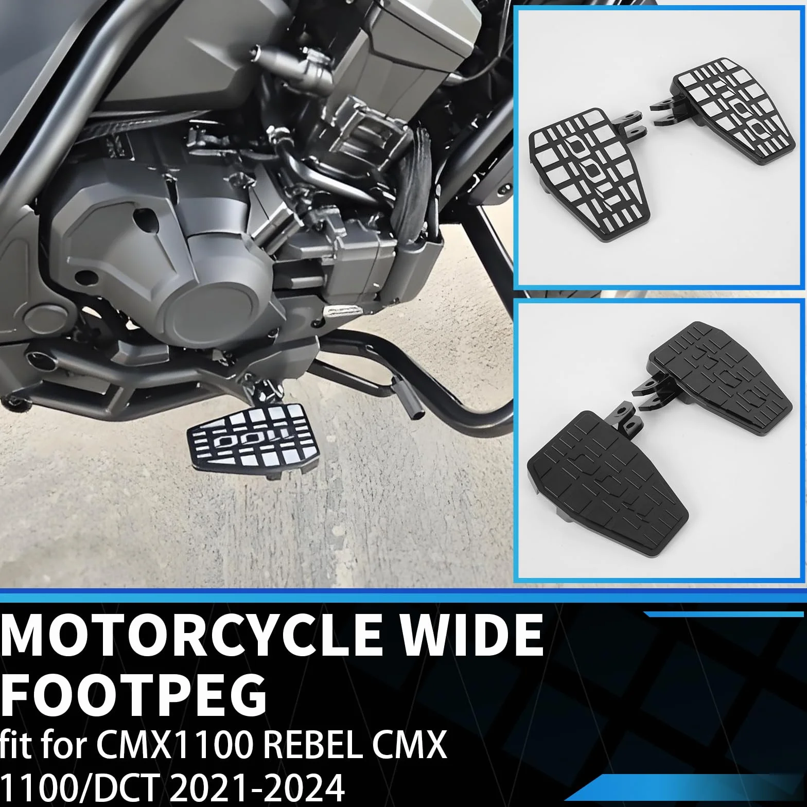 Motorrad-Fußrasten, kompatibel mit Honda CMX1100 REBEL CMX 1100/DCT 2021–2025, Aluminium-Motorrad-Fußraste, breitere Fußstütze, breite Pedale (Schwarzes Silber)