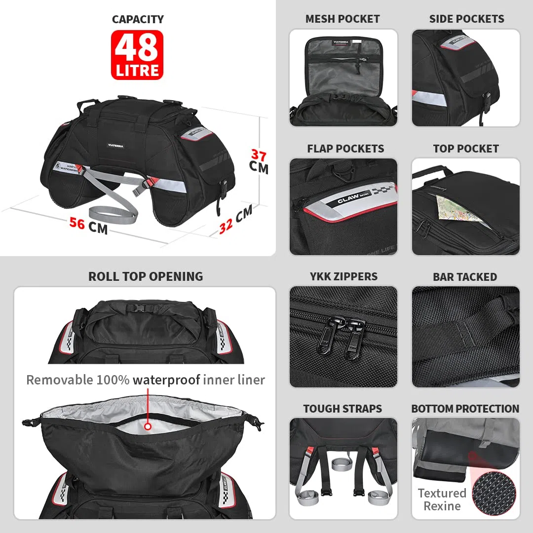 ViaTerra 100% wasserdichte ClawMini-Motorrad-Rück-/Heck-/Sitztasche (schwarz) I Universalgepäck und funktioniert auf Allen Motorrädern I Keine Modifikationen oder Sattelstütze erforderlich I Geeignet