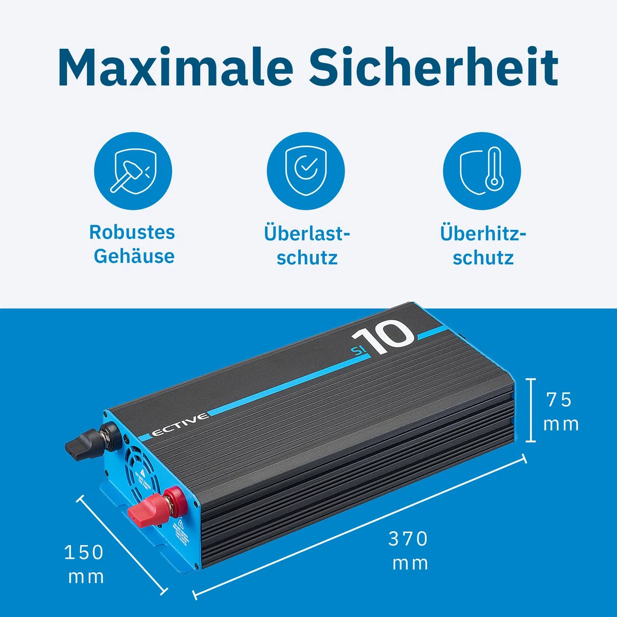 ECTIVE Reiner Sinus Wechselrichter SI10-1000W, 12V auf 230V, USB, Überlastschutz, Überhitzungsschutz, Aluminiumgehäuse - DC/AC Spannungswandler, Umwandler, Stromwandler für Haushaltsgeräten